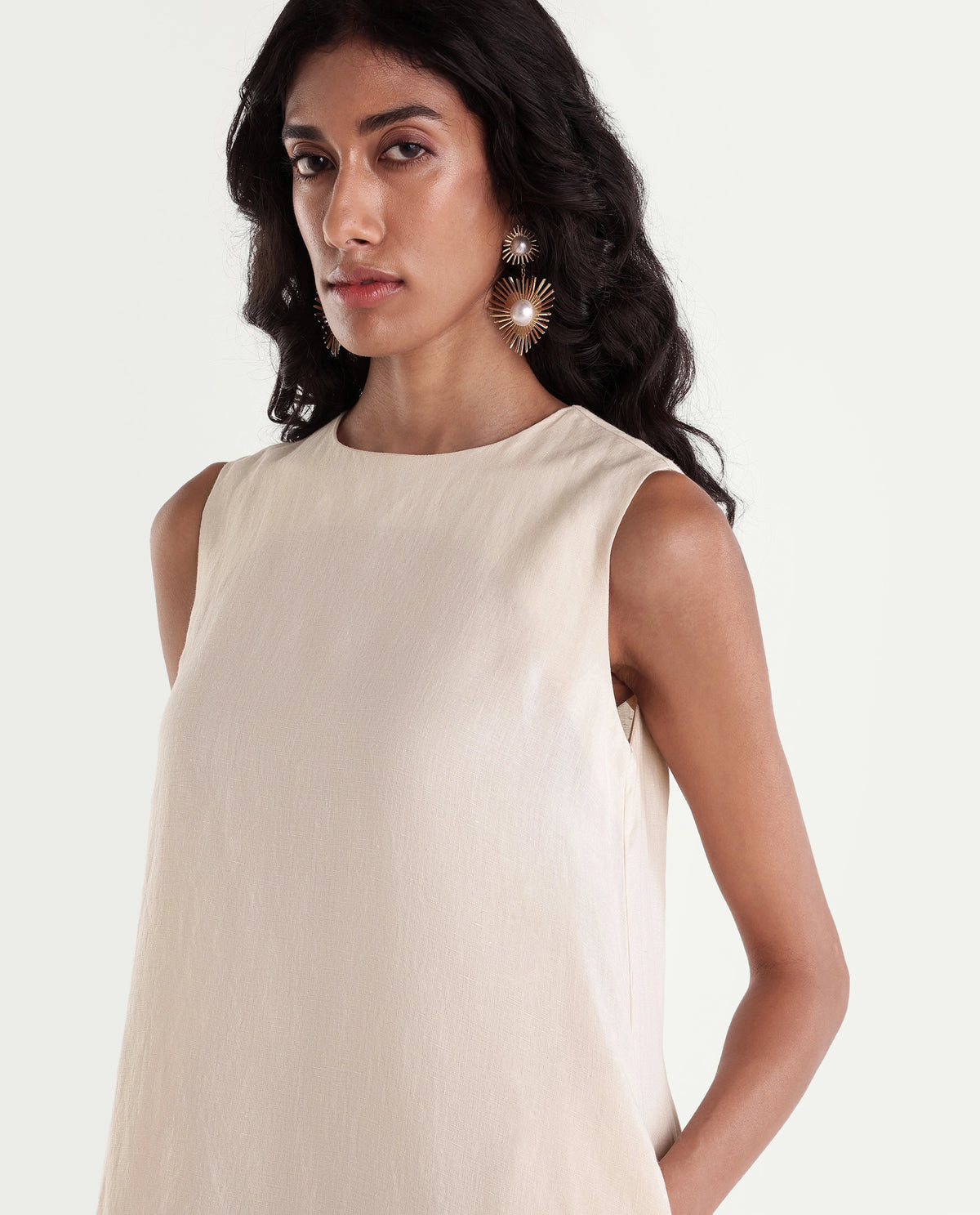 Rareism Women Lipez-T Light Beige 100% Linen Crew Neck Plain Shift Dress