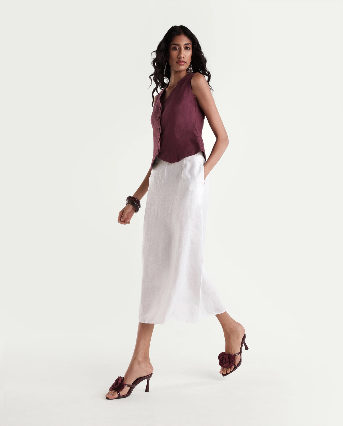 Rareism Women Lily-B Light White 100% Linen Plain A-Line Skirt