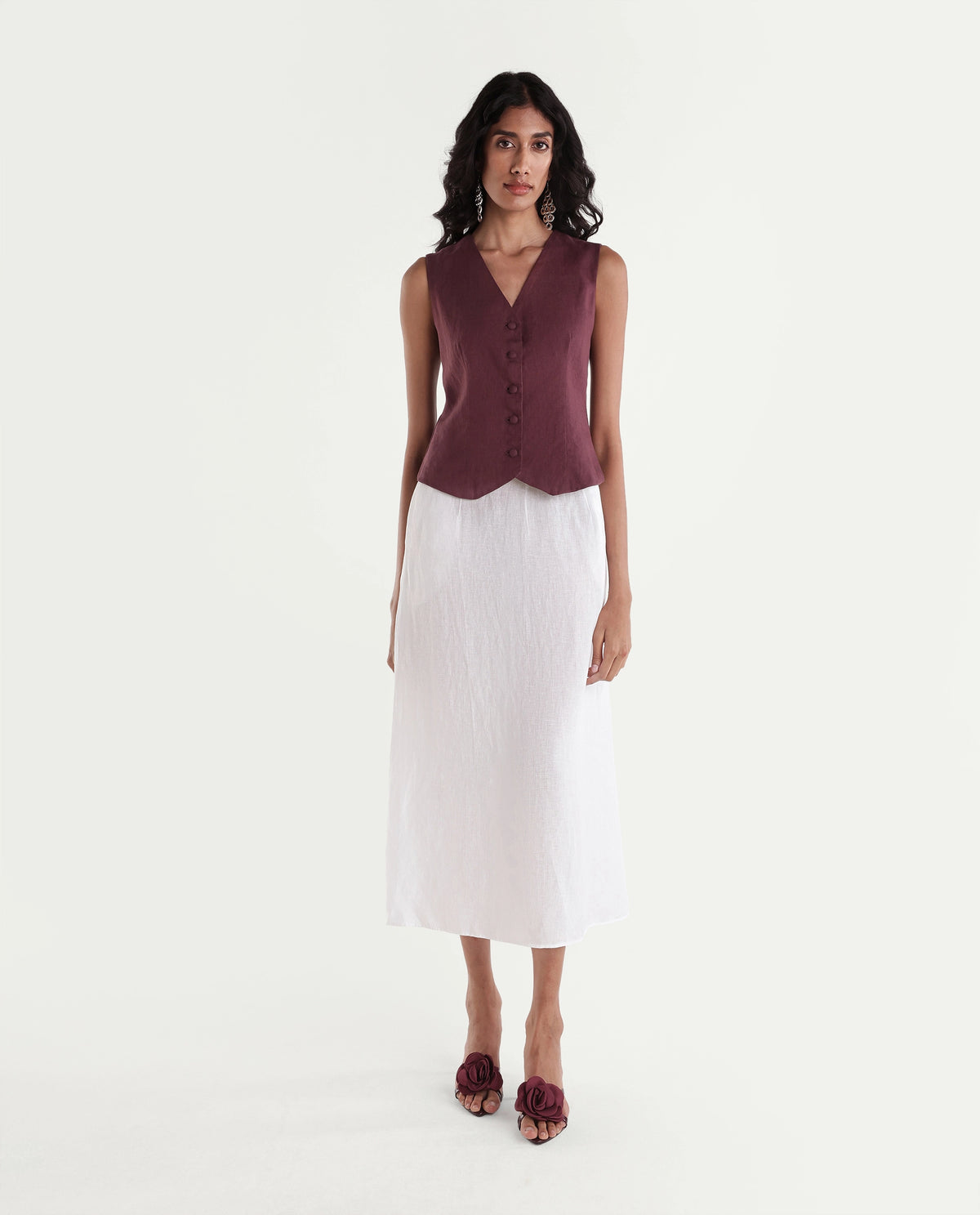 Rareism Women Lily-B Light White 100% Linen Plain A-Line Skirt