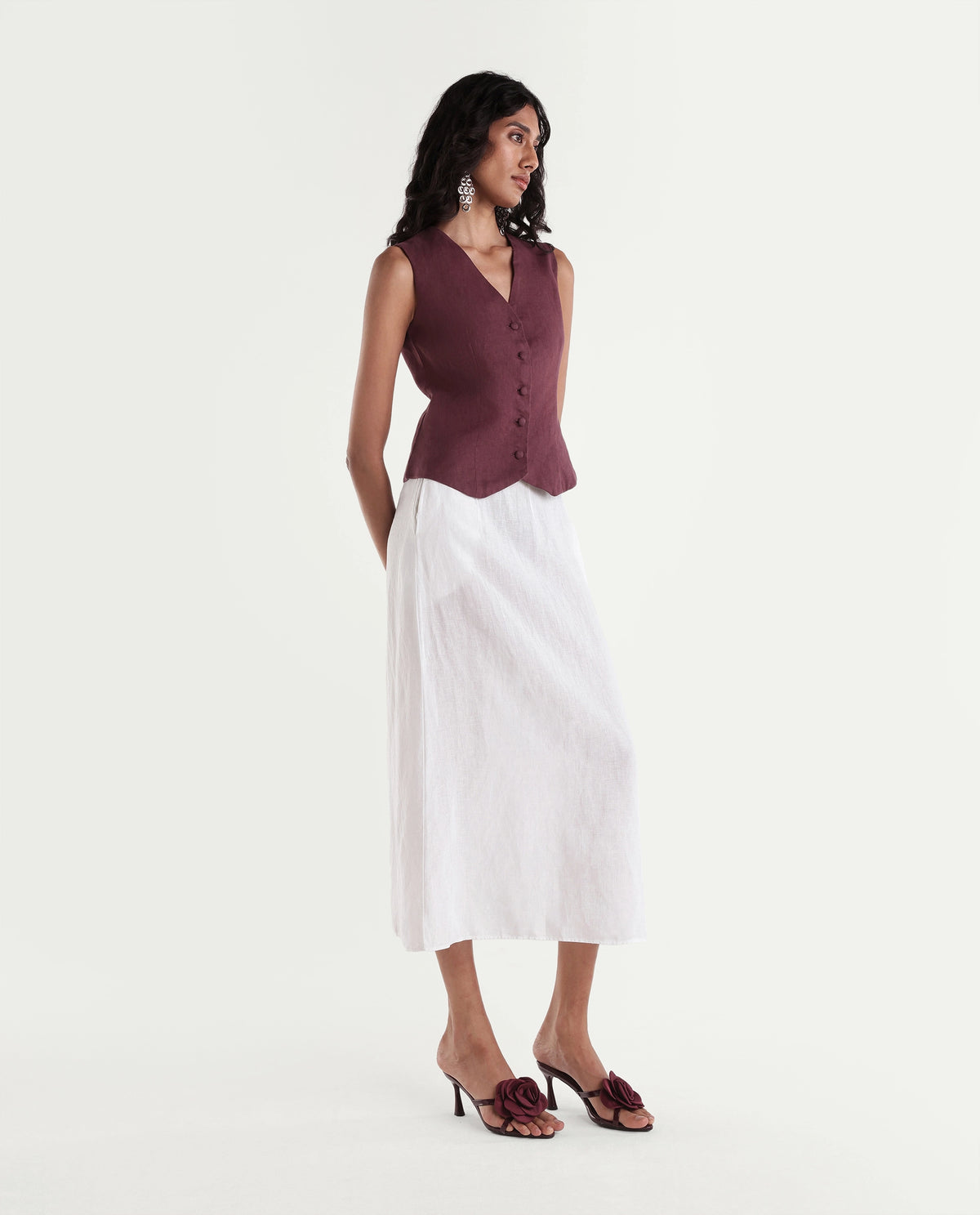 Rareism Women Lily-B Light White 100% Linen Plain A-Line Skirt