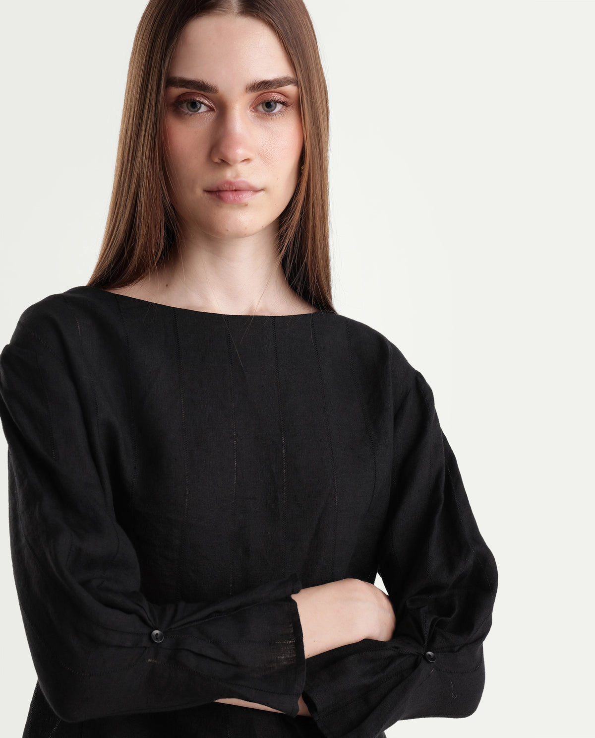 Rareism Women Leo Dark Black 100% Linen Boat Neck Plain Relaxed Top