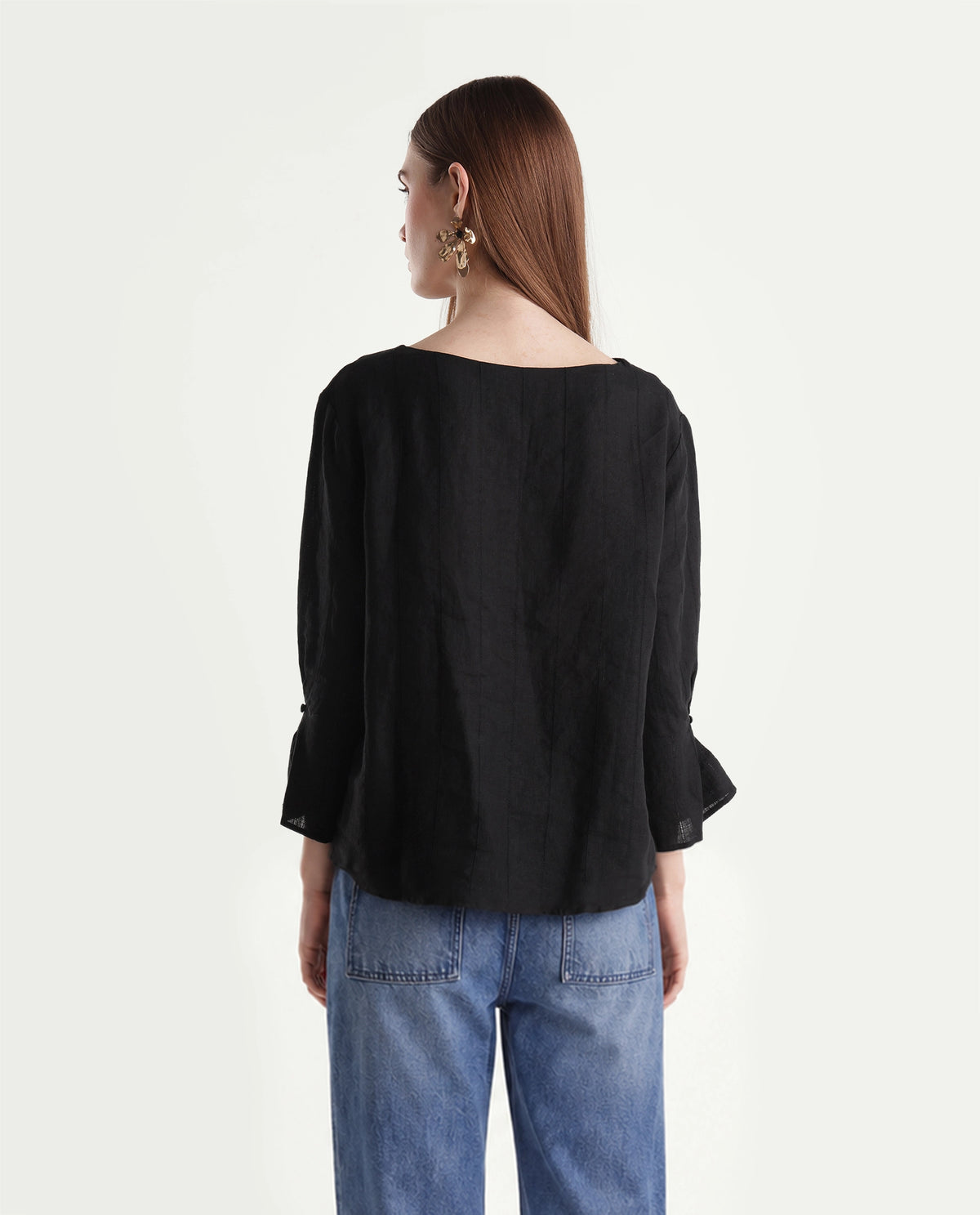 Rareism Women Leo Dark Black 100% Linen Boat Neck Plain Relaxed Top