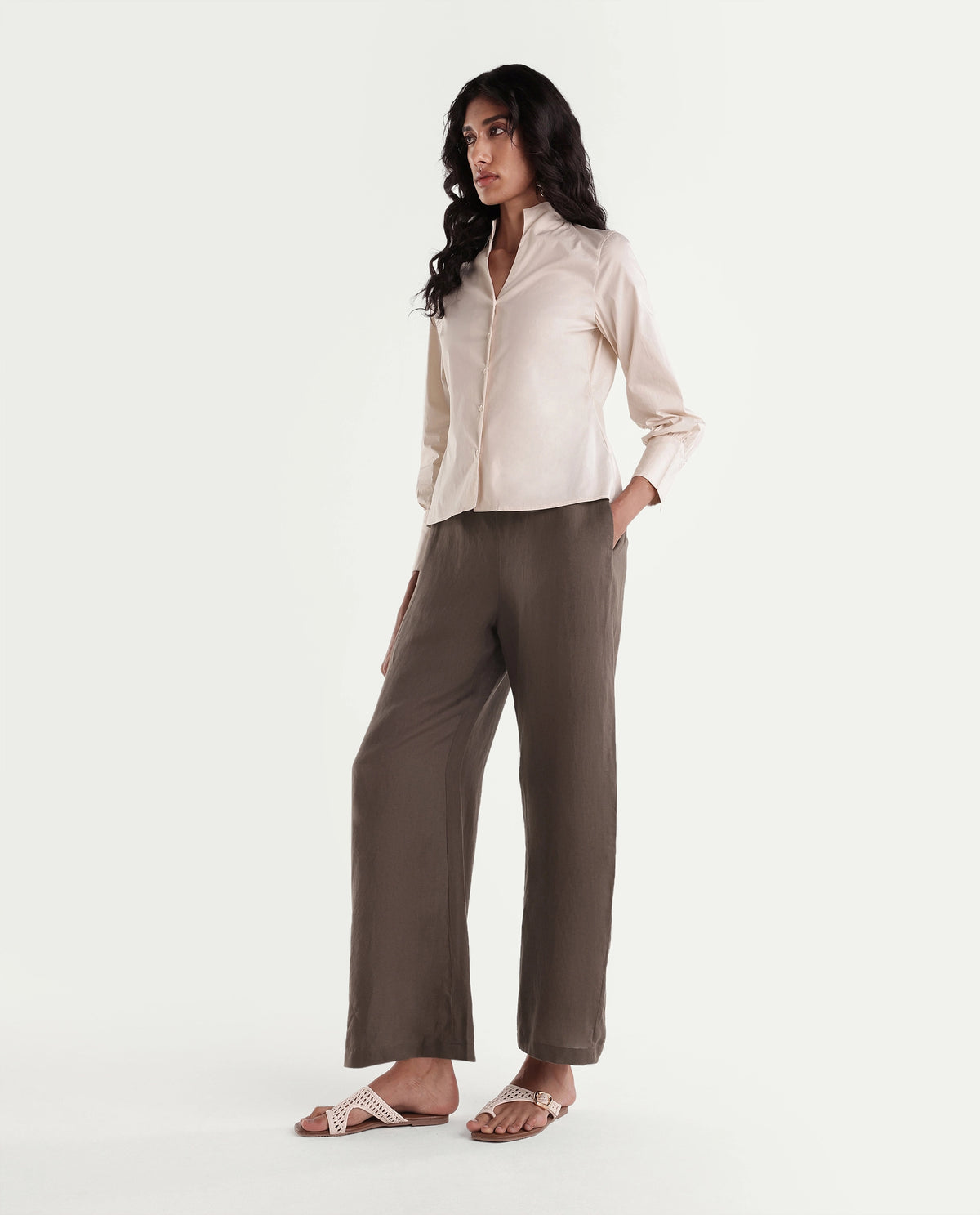 Rareism Women Latent Dark Brown 100% Linen Plain Barrel Trouser