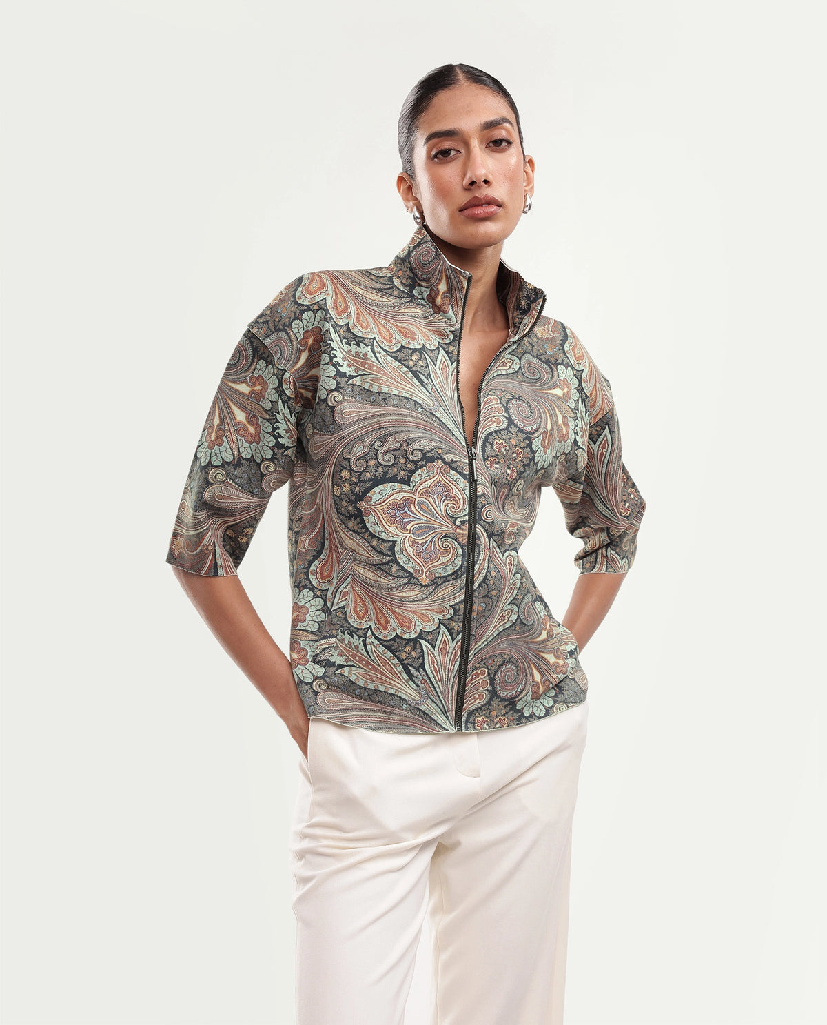 Rareism Women Vasaaw26 Primary Blue Polyester Blend Stand Collar Printed Regular Jacket