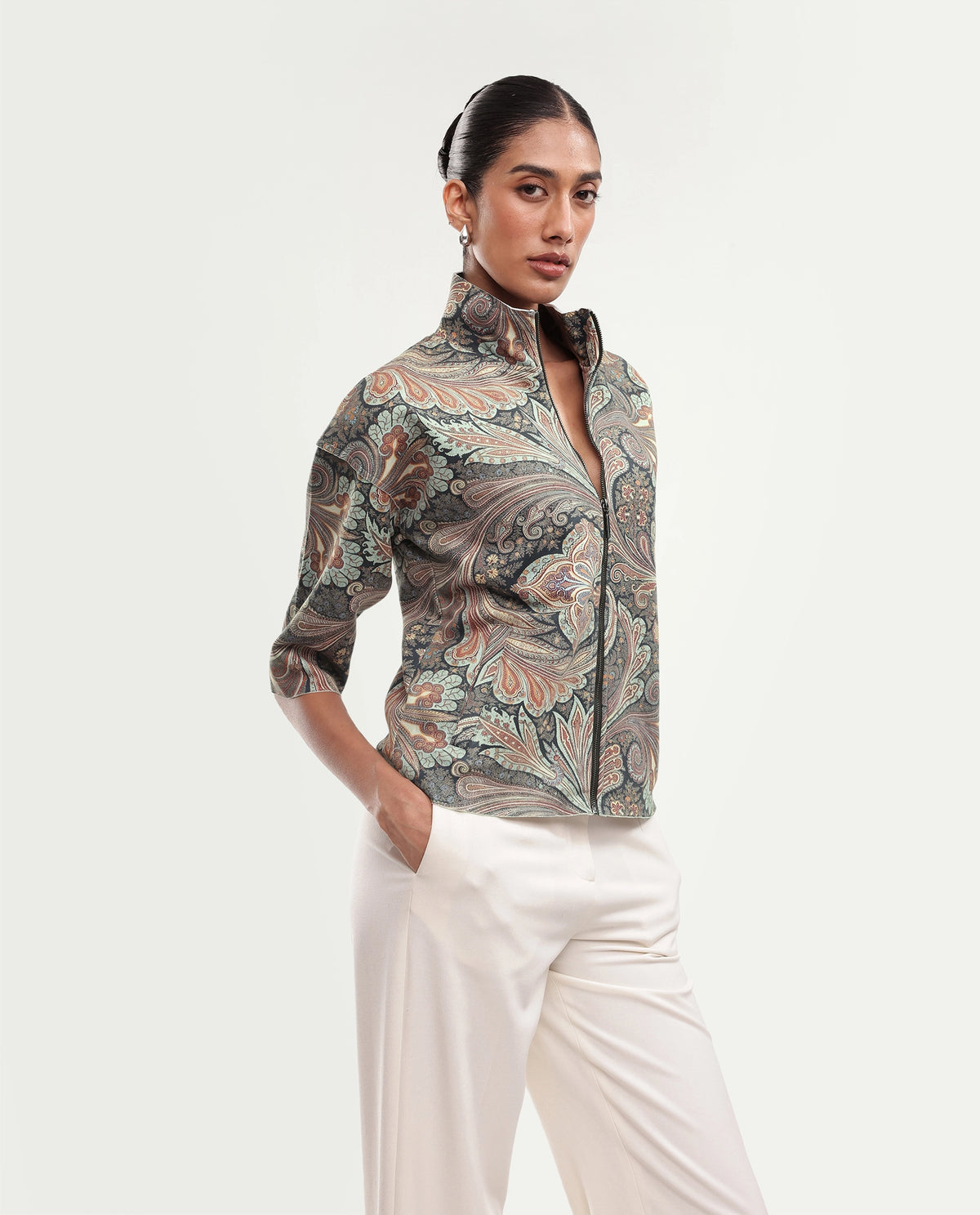 Rareism Women Vasaaw26 Primary Blue Polyester Blend Stand Collar Printed Regular Jacket