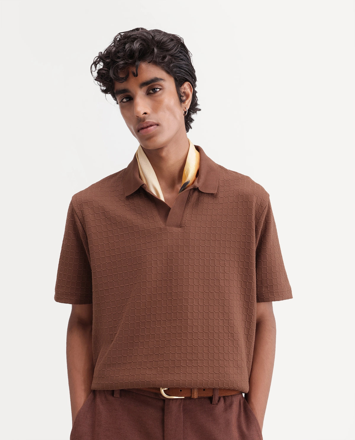 Rare Rabbit Men Devor Primary Brown Polyester Blend Jonny Collar Plain Regular Polo