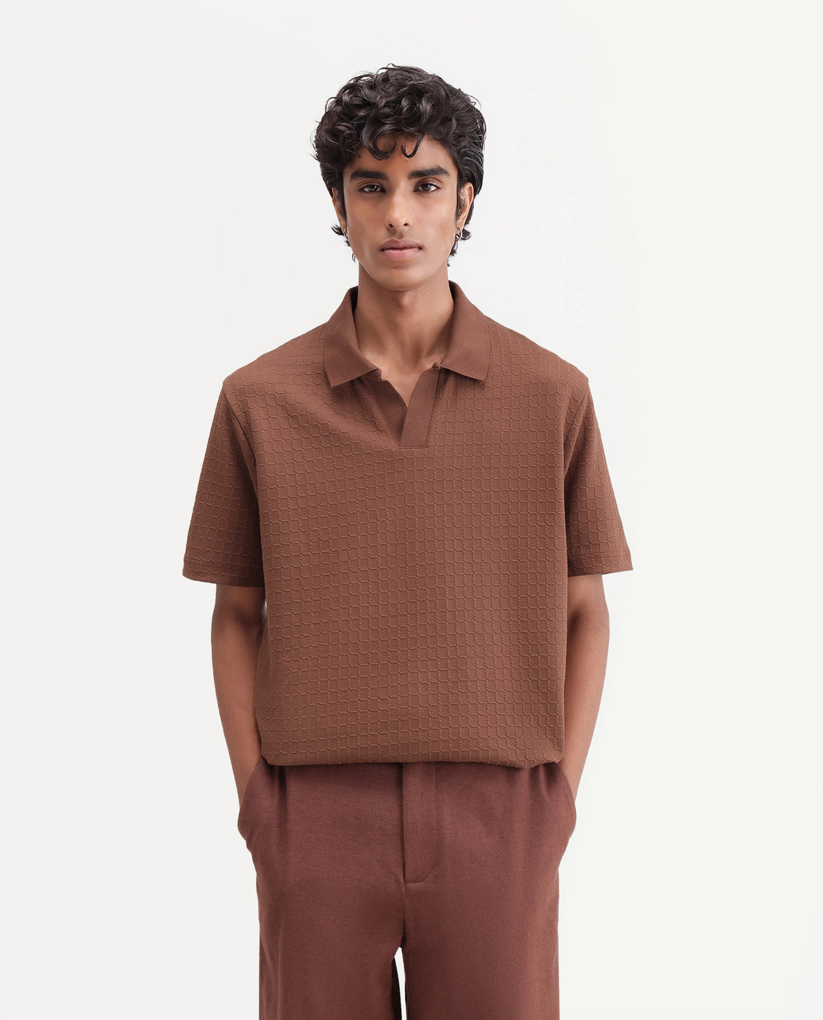 Rare Rabbit Men Devor Primary Brown Polyester Blend Jonny Collar Plain Regular Polo