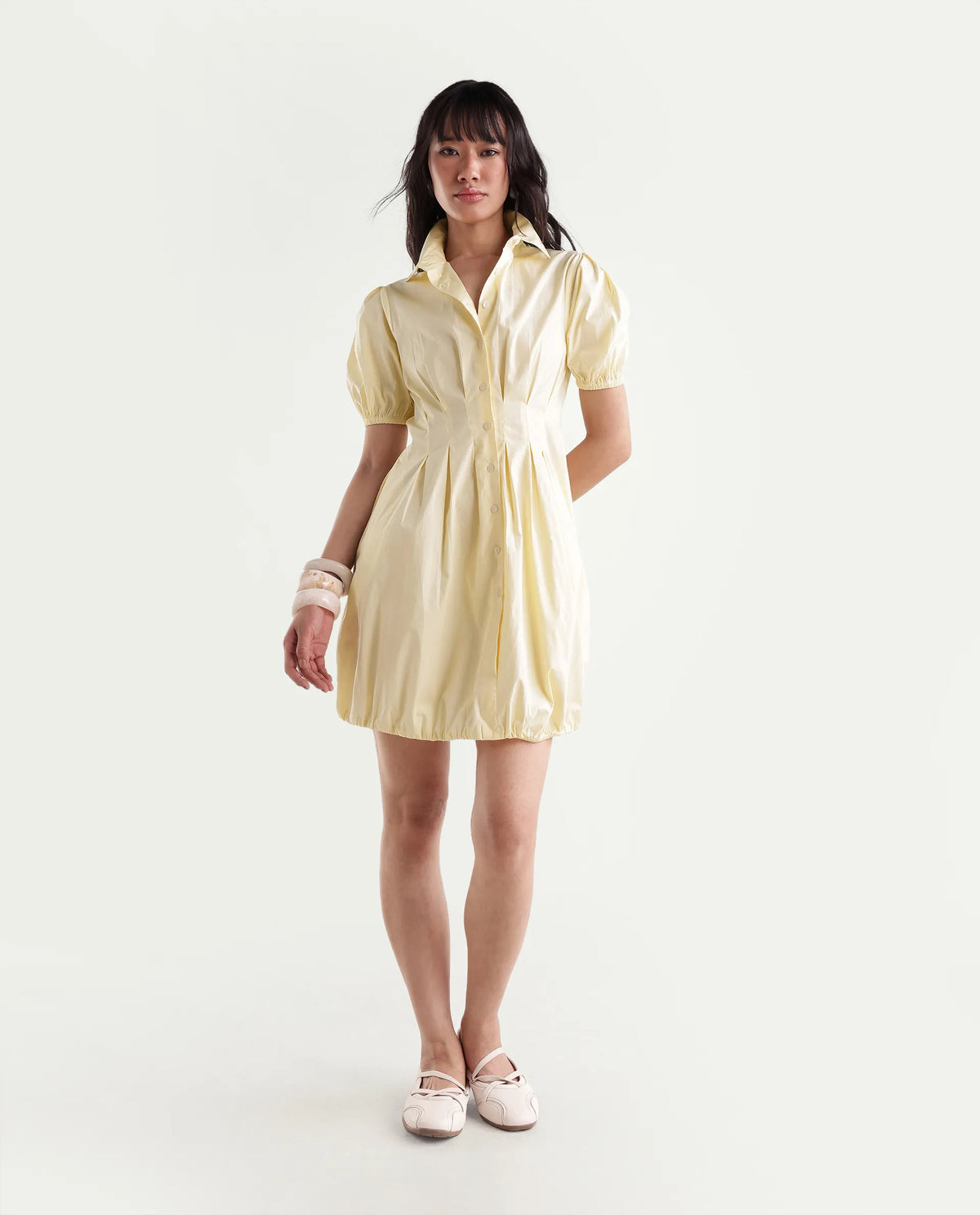 Rareism Women Onjug Primary Yellow Cotton Blend Spread Collar Plain Balloon Dress