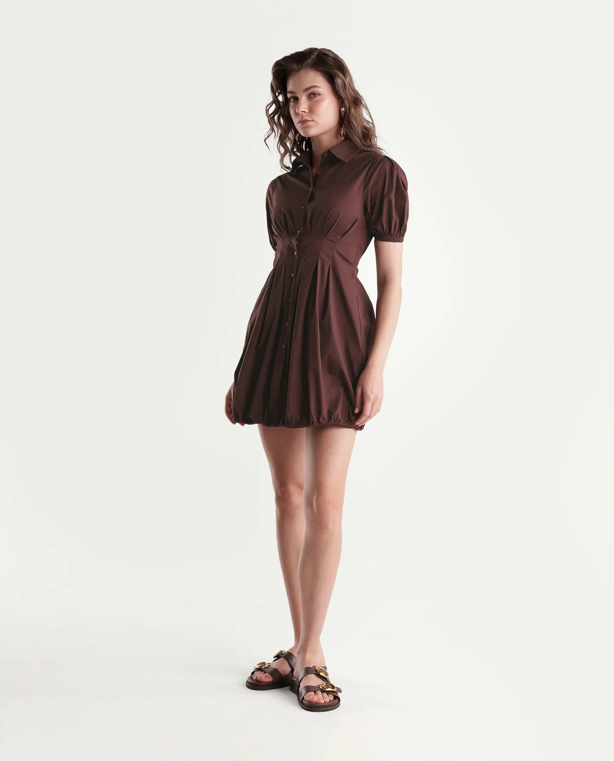 Rareism Women Onjug Primary Brown Cotton Blend Spread Collar Plain Balloon Dress