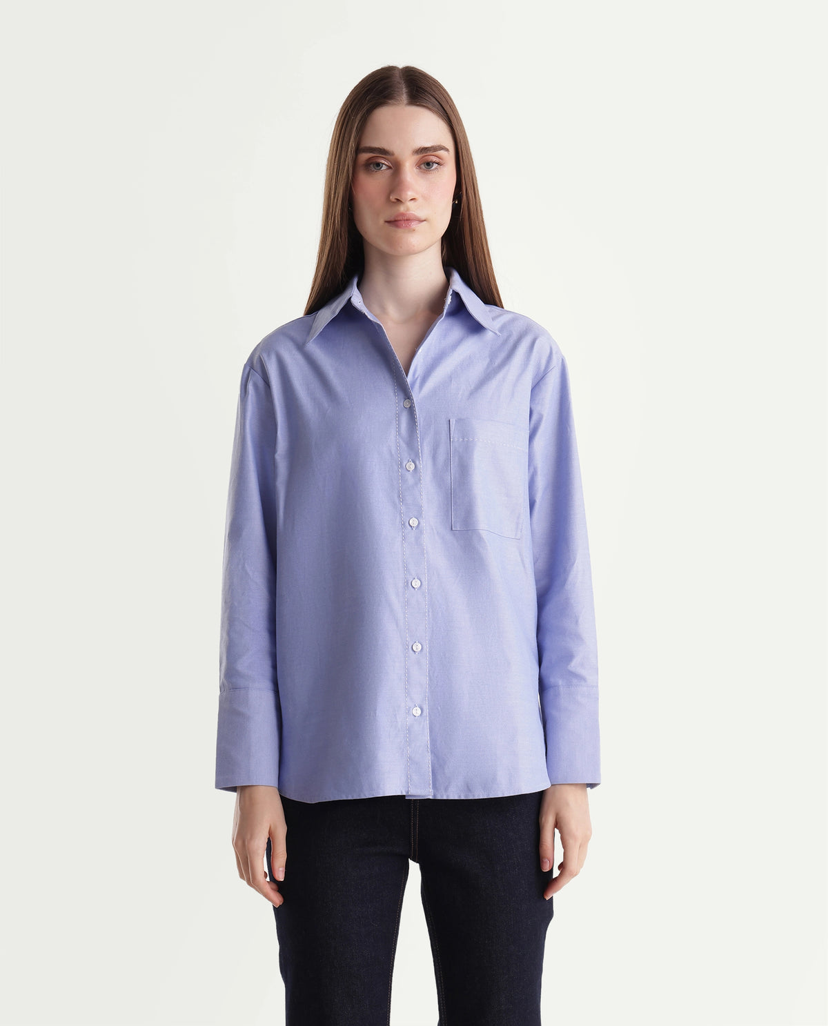 Rareism Women Onre Light Blue Cotton Blend Spread Collar Plain Regular Shirt