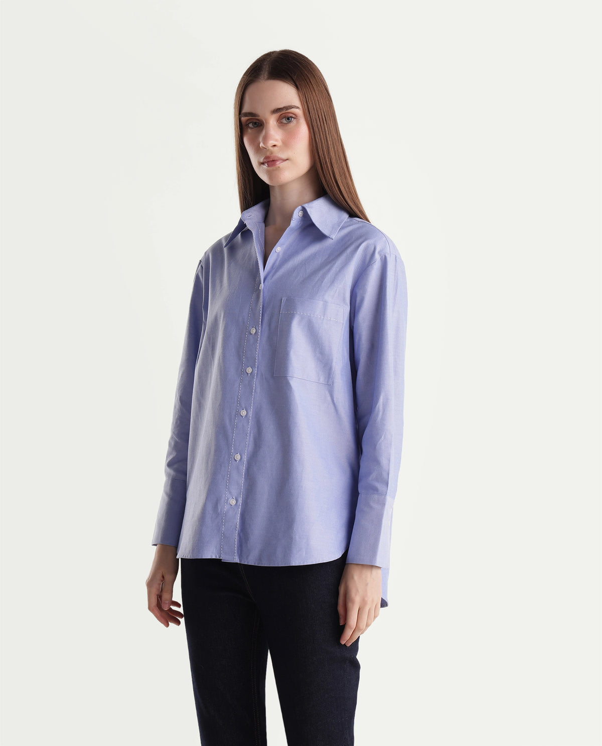 Rareism Women Onre Light Blue Cotton Blend Spread Collar Plain Regular Shirt