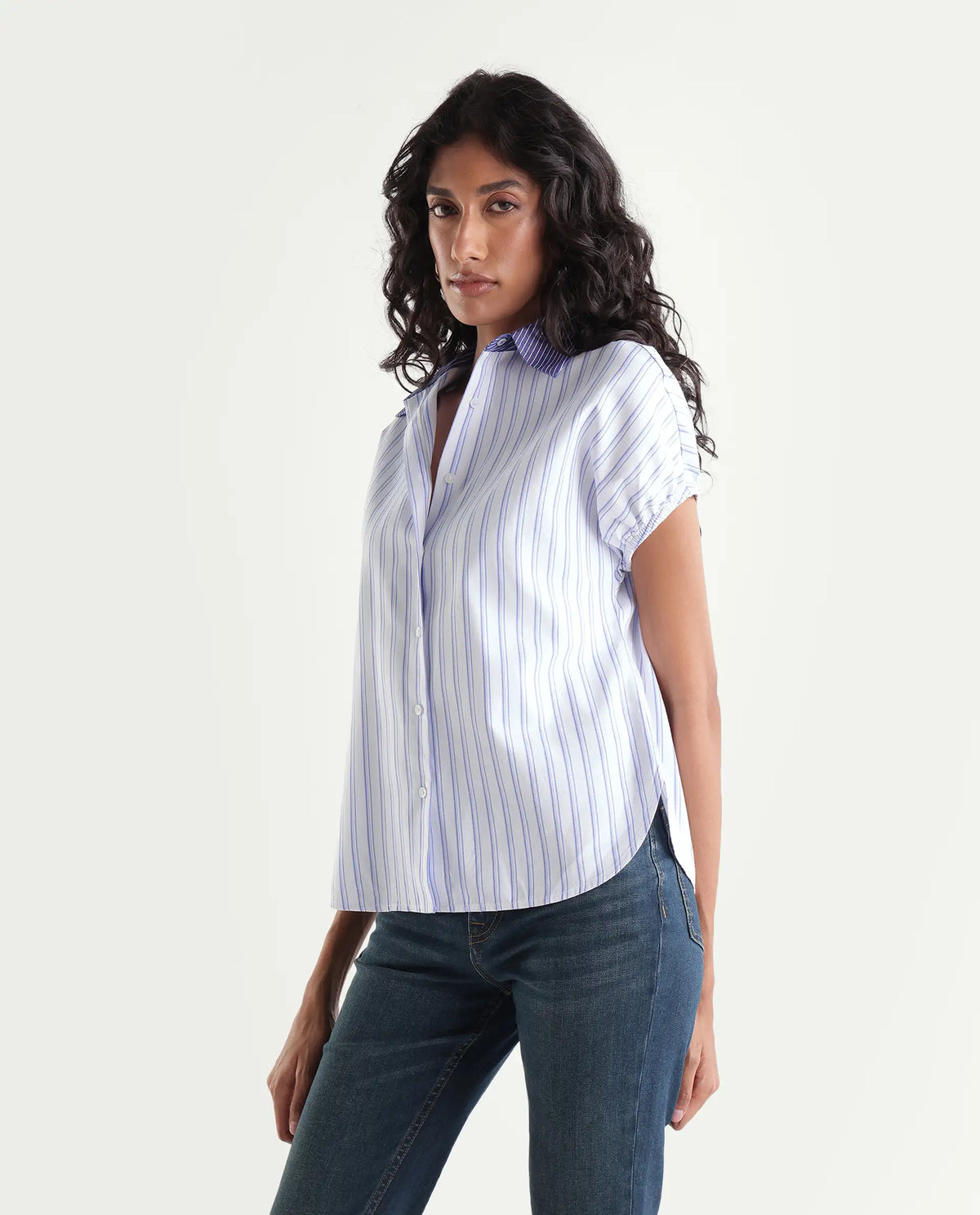 Rareism Women Onti Primary Off White Polyester Blend Spread Collar Striped Regular Shirt