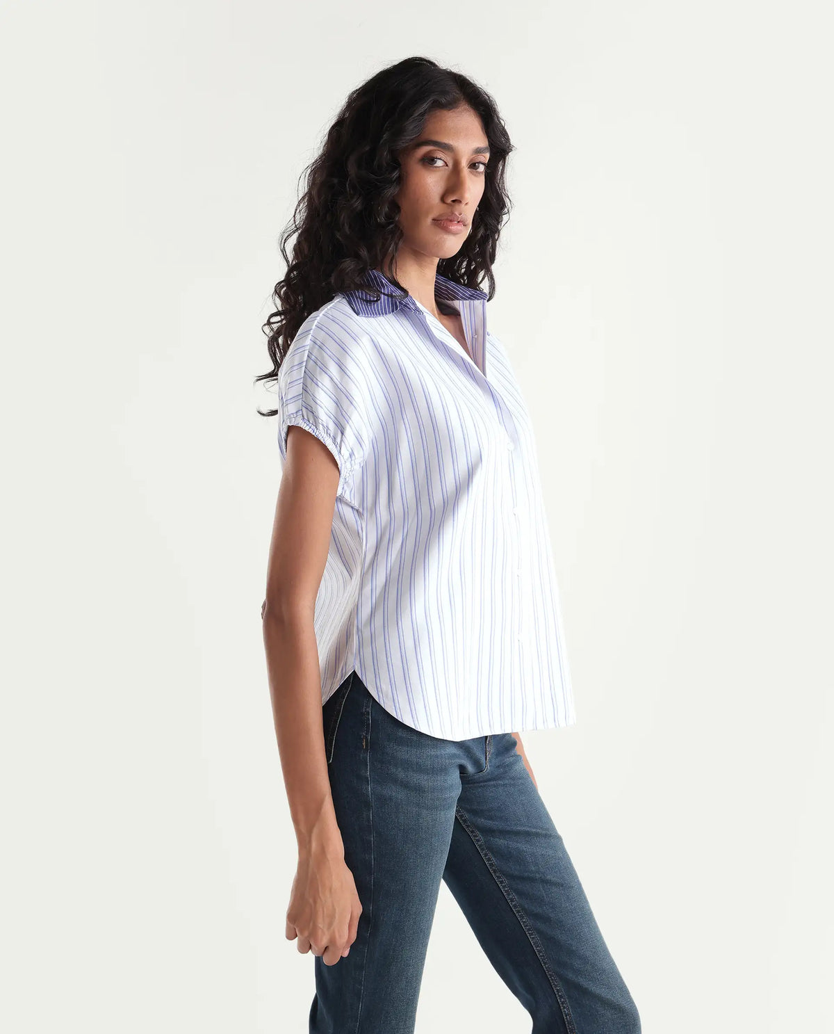 Rareism Women Onti Primary Off White Polyester Blend Spread Collar Striped Regular Shirt