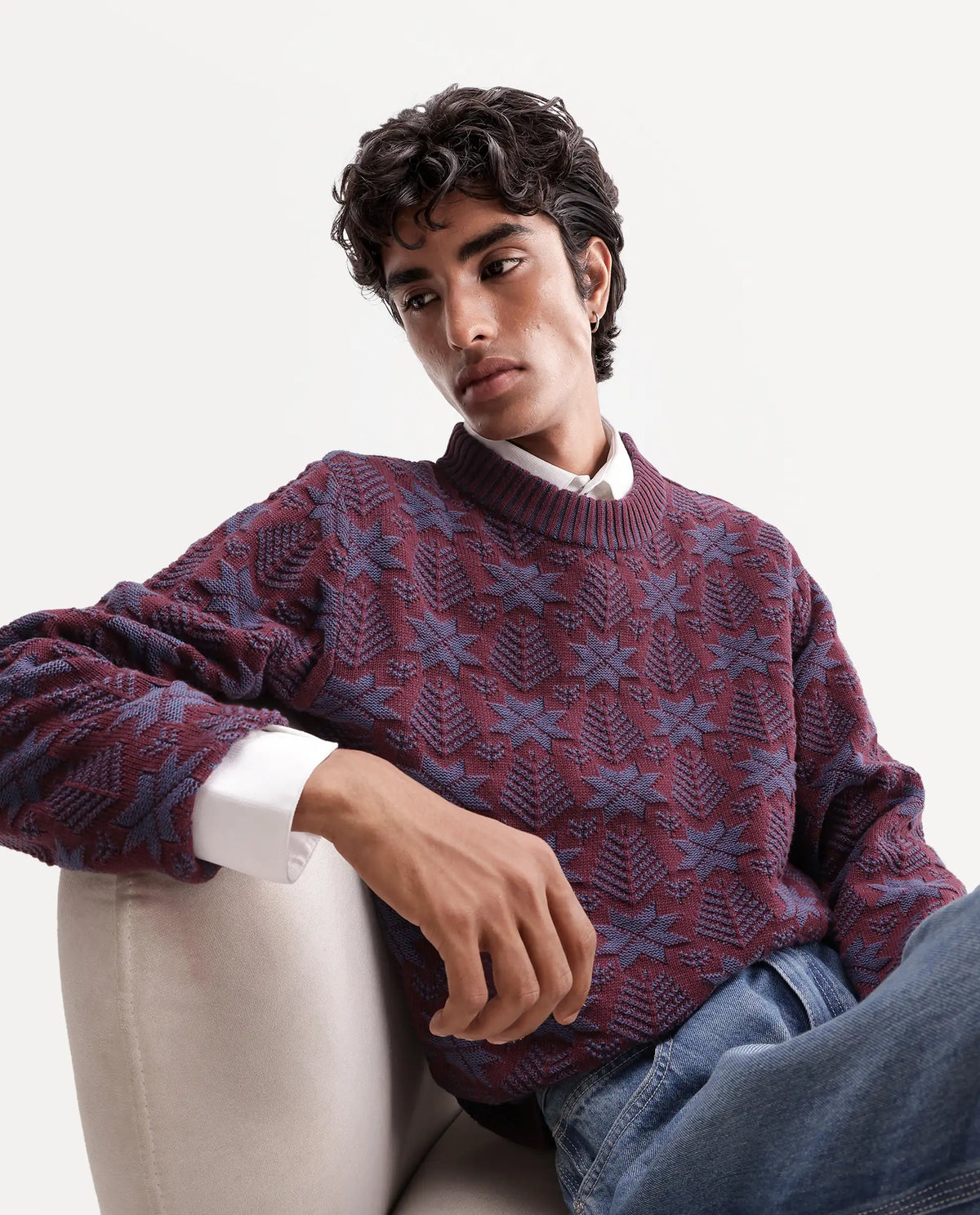 Rare Rabbit Men Plom Dark Purple Cotton Crew Neck Regular Jacquard Sweater