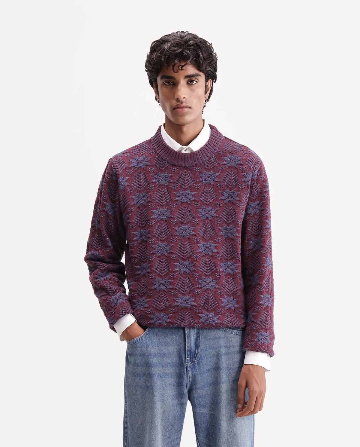 Rare Rabbit Men Plom Dark Purple Cotton Crew Neck Regular Jacquard Sweater