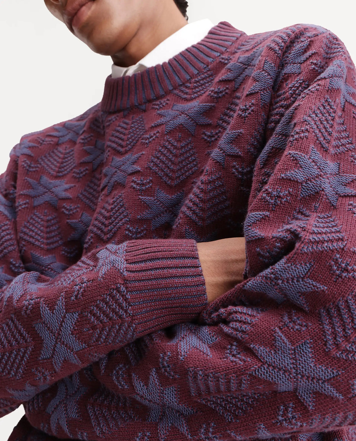 Rare Rabbit Men Plom Dark Purple Cotton Crew Neck Regular Jacquard Sweater