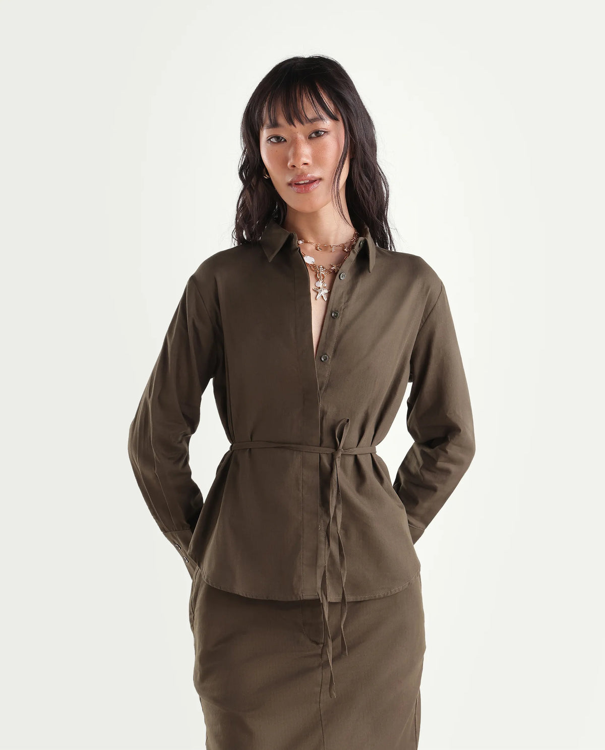 Rareism Women Onwop-T Primary Olive Cotton Spread Collar Plain Fitted Shirt