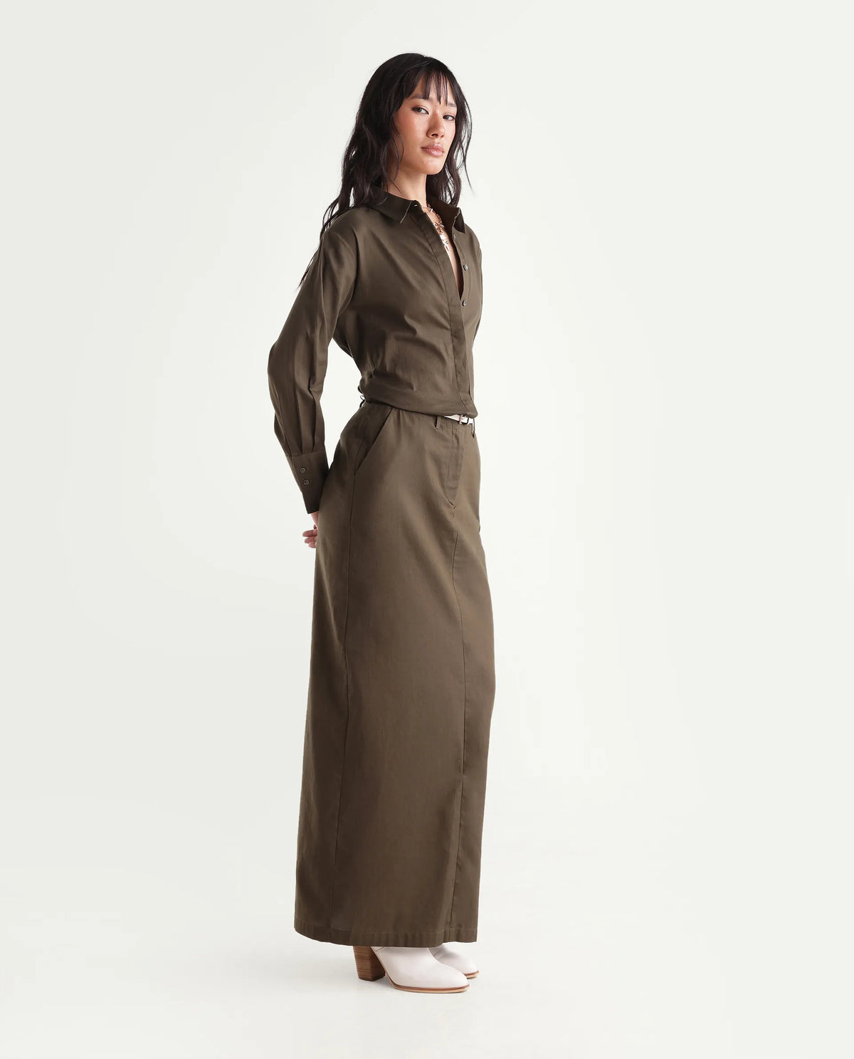 Rareism Women Onwop-B Primary Olive Cotton Plain Straight Skirt