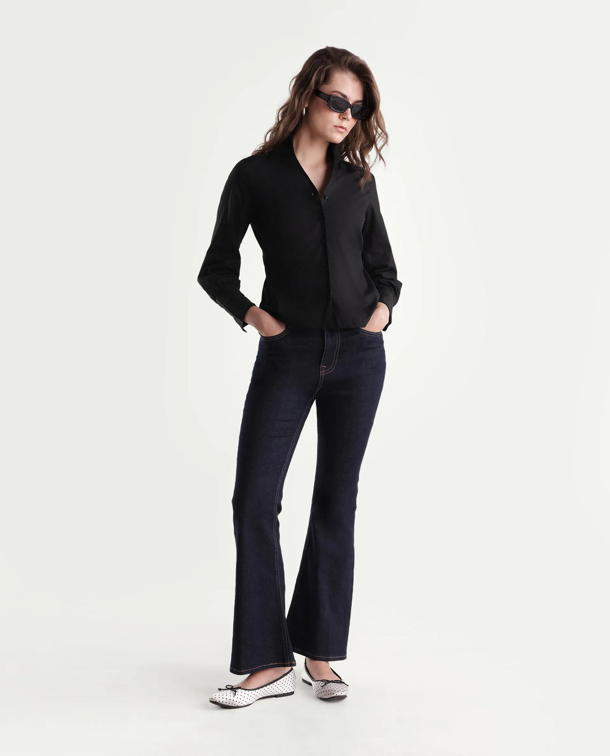 Rareism Women Onwynd Primary Black Cotton Blend Stand Collar Plain Regular Shirt