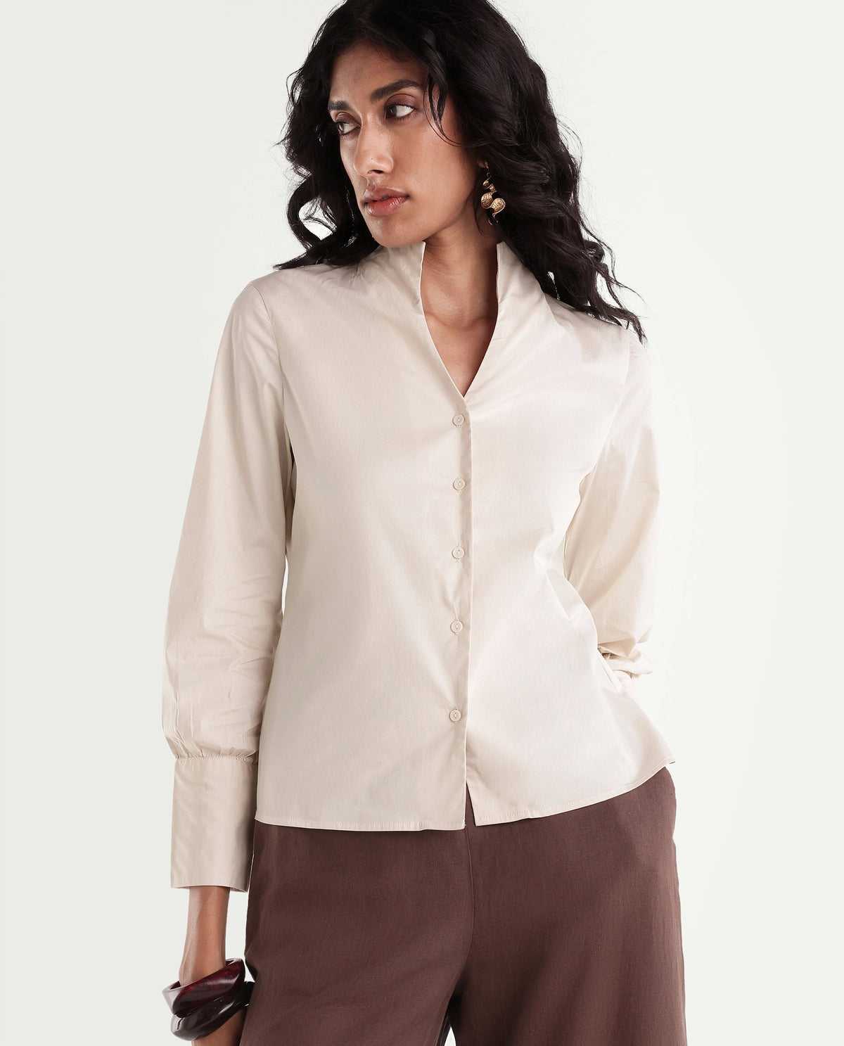 Rareism Women Onwynd Primary Beige Cotton Blend Stand Collar Plain Regular Shirt