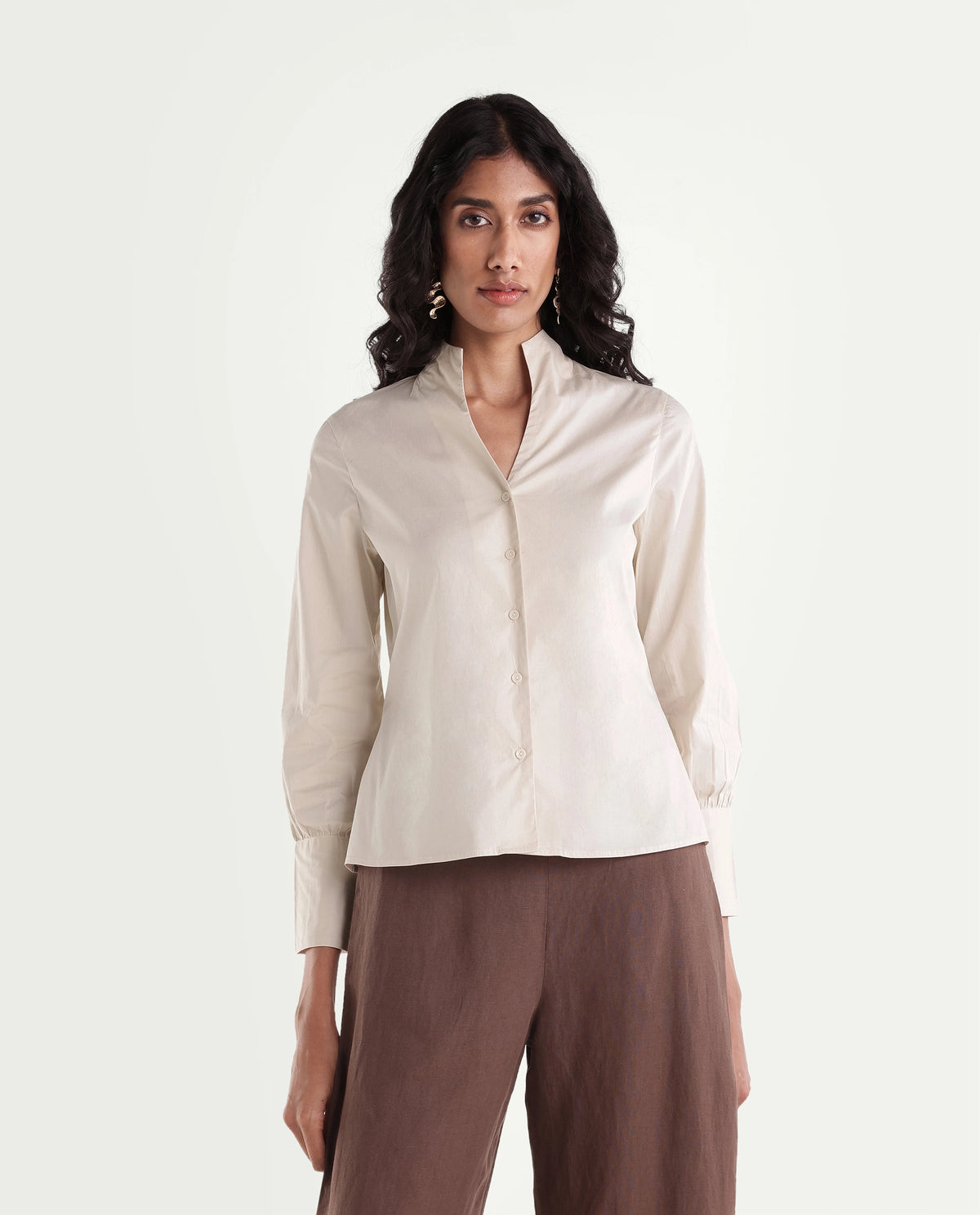 Rareism Women Onwynd Primary Beige Cotton Blend Stand Collar Plain Regular Shirt