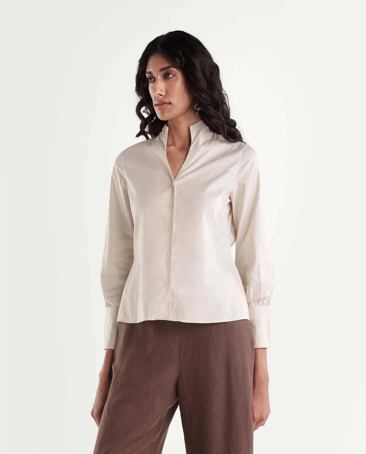 Rareism Women Onwynd Primary Beige Cotton Blend Stand Collar Plain Regular Shirt