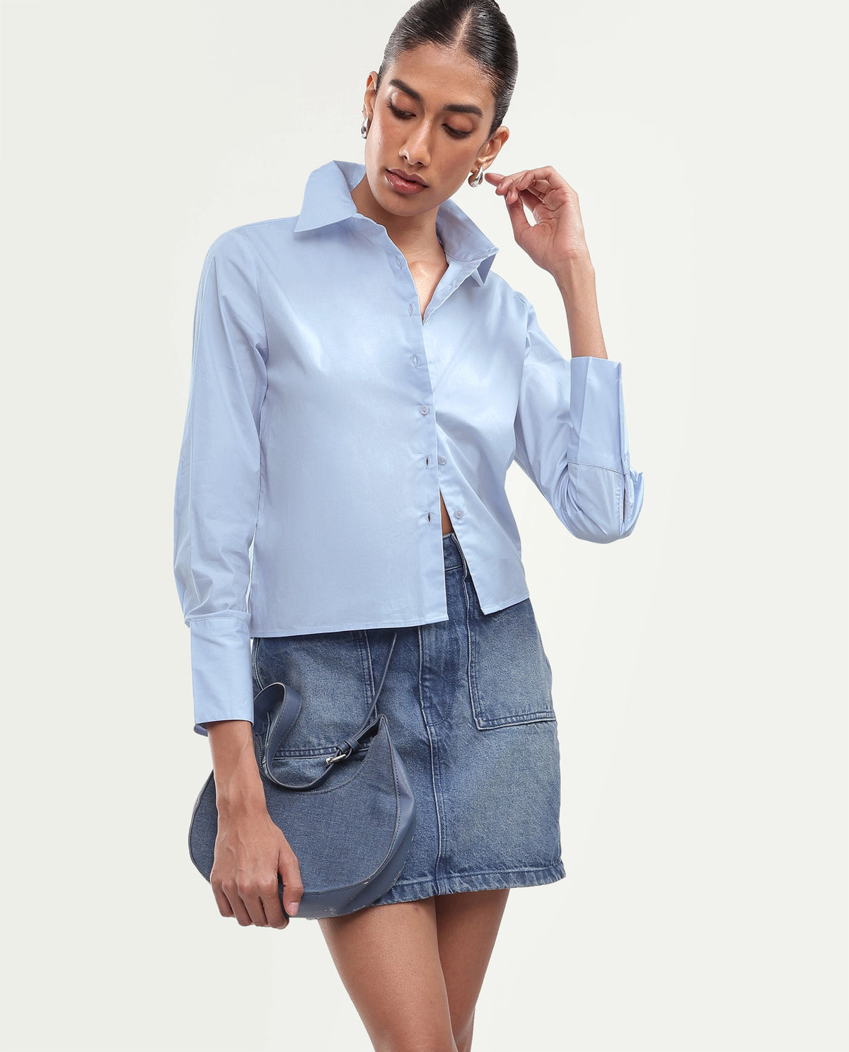 Rareism Women Onwrop Light Blue Cotton Blend Spread Collar Plain Regular Shirt