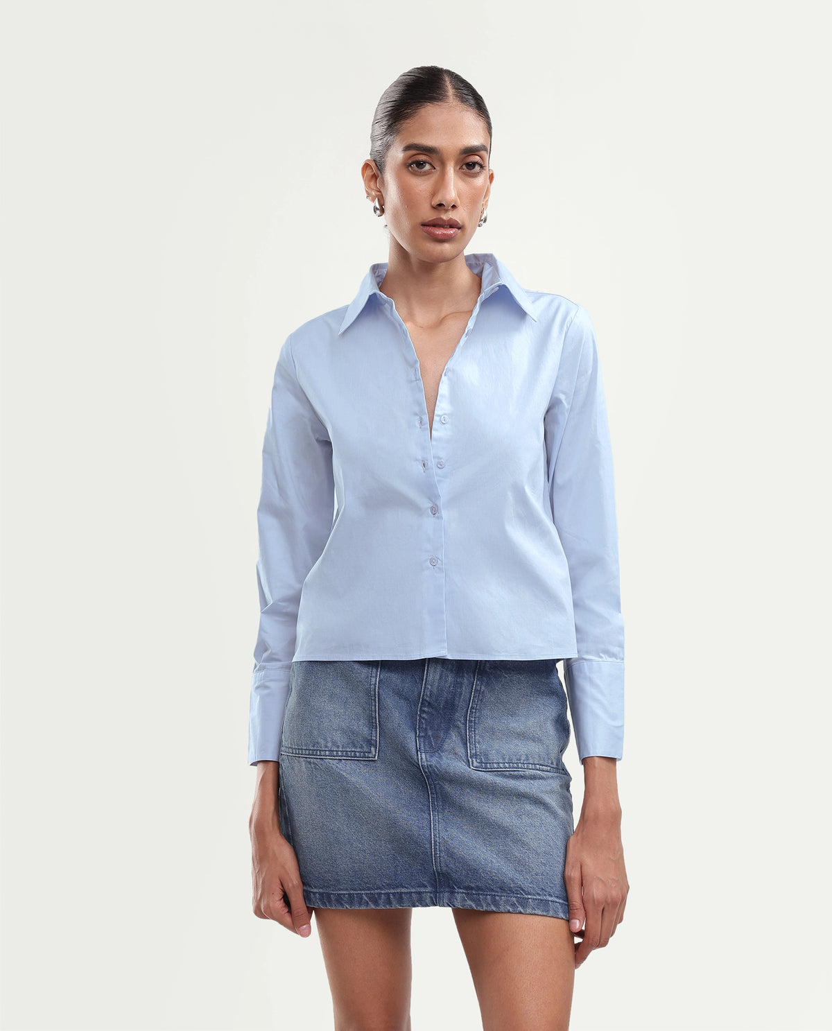 Rareism Women Onwrop Light Blue Cotton Blend Spread Collar Plain Regular Shirt