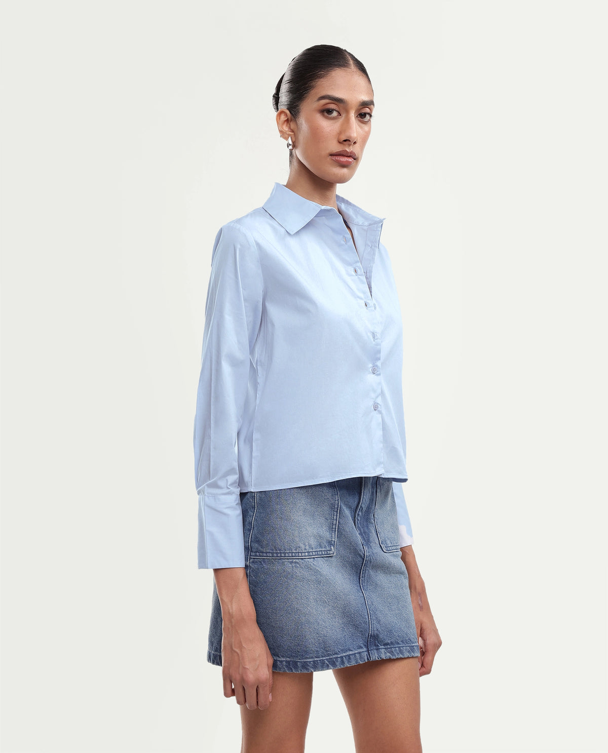 Rareism Women Onwrop Light Blue Cotton Blend Spread Collar Plain Regular Shirt