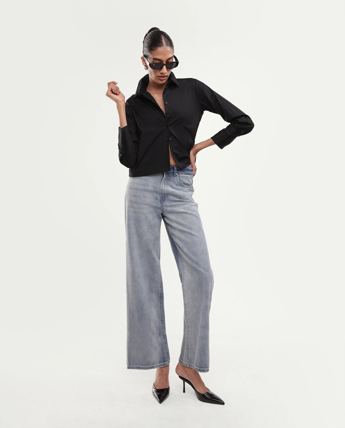 Rareism Women Onwrop Primary Black Cotton Blend Spread Collar Plain Regular Shirt