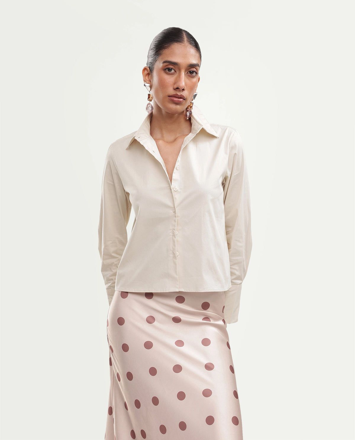 Rareism Women Onwrop Primary Beige Cotton Blend Spread Collar Plain Regular Shirt