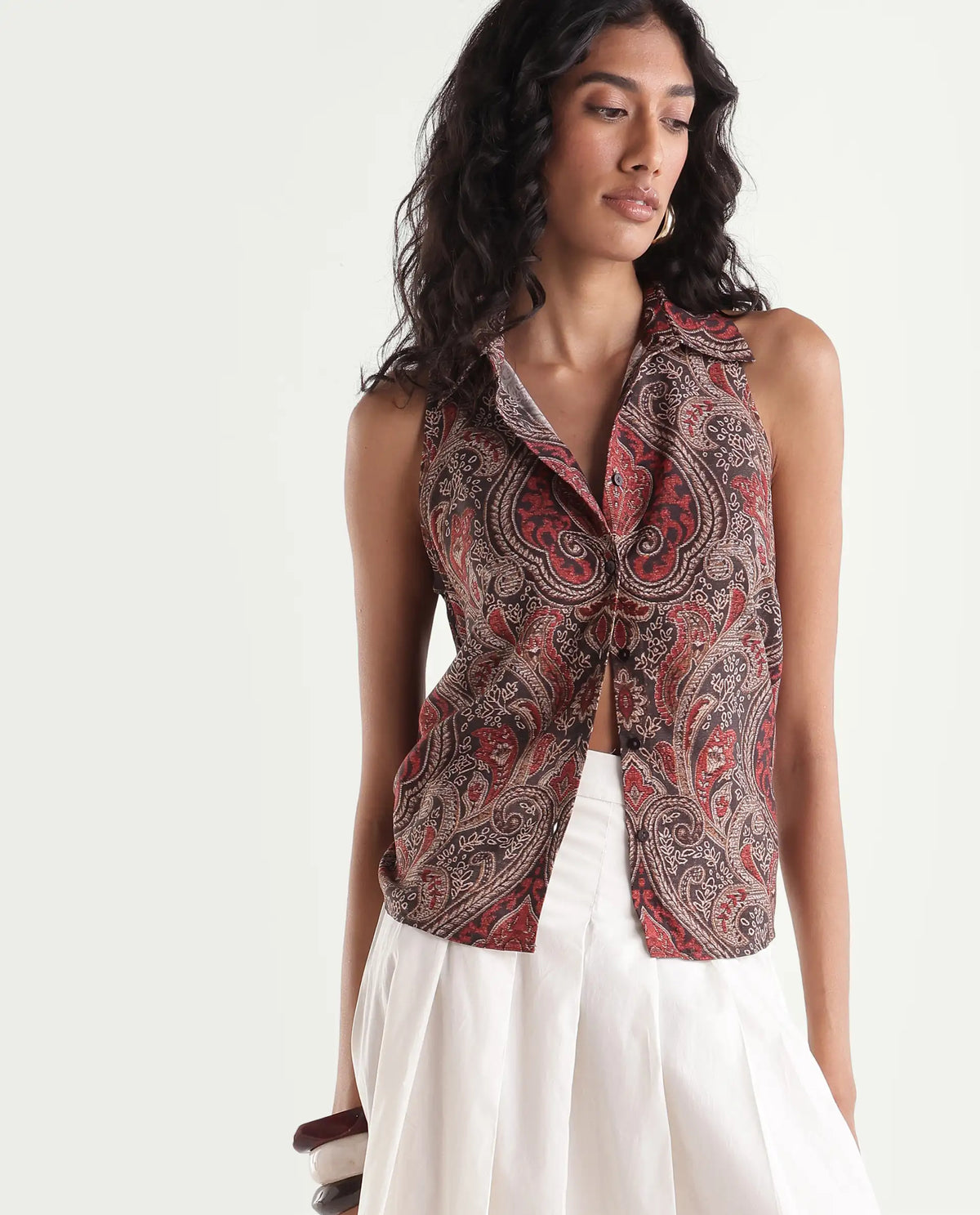 Rareism Womens Hellow Red Viscose Spread Collar Regular Paisley Print Top