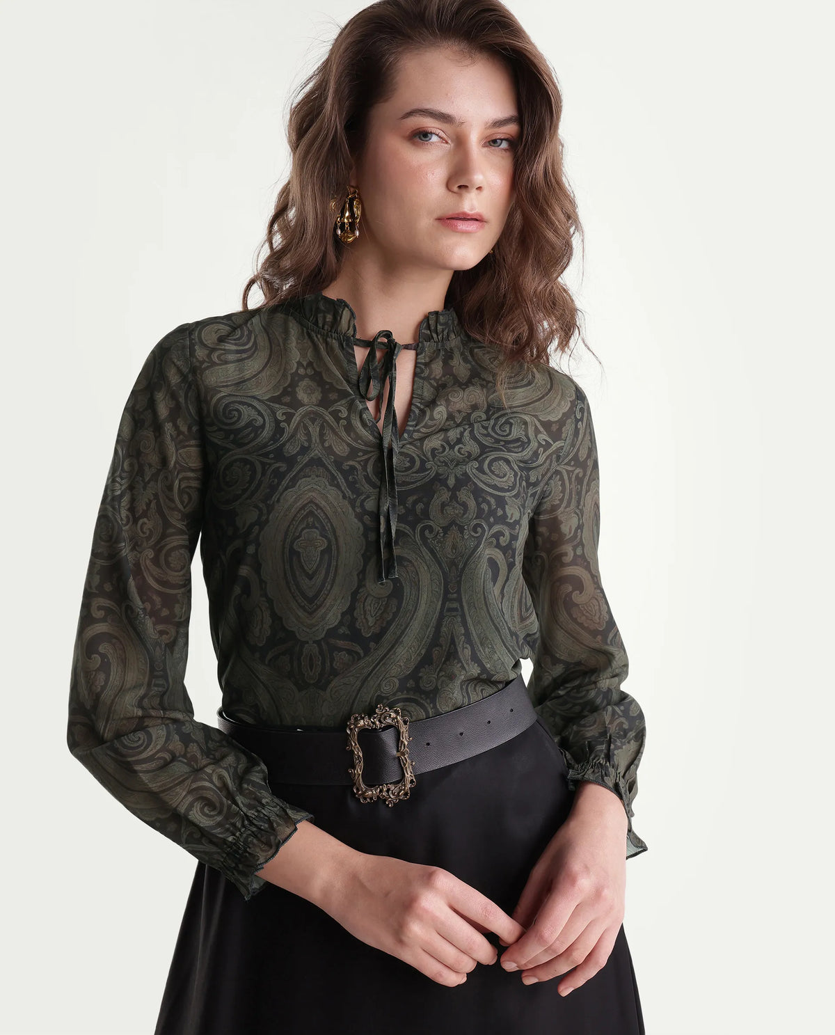 Rareism Womens Onfry Brown Polyester Regular Paisley Print Top