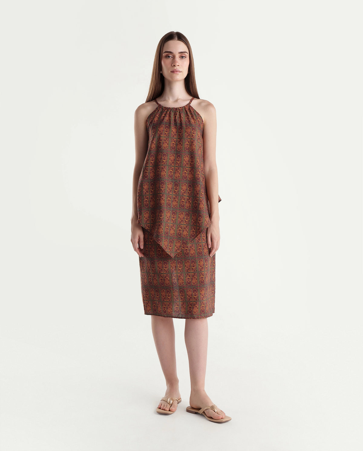 Rareism Womens Onfojo Mustard Viscose Blend Straight Ornamental Print Skirt