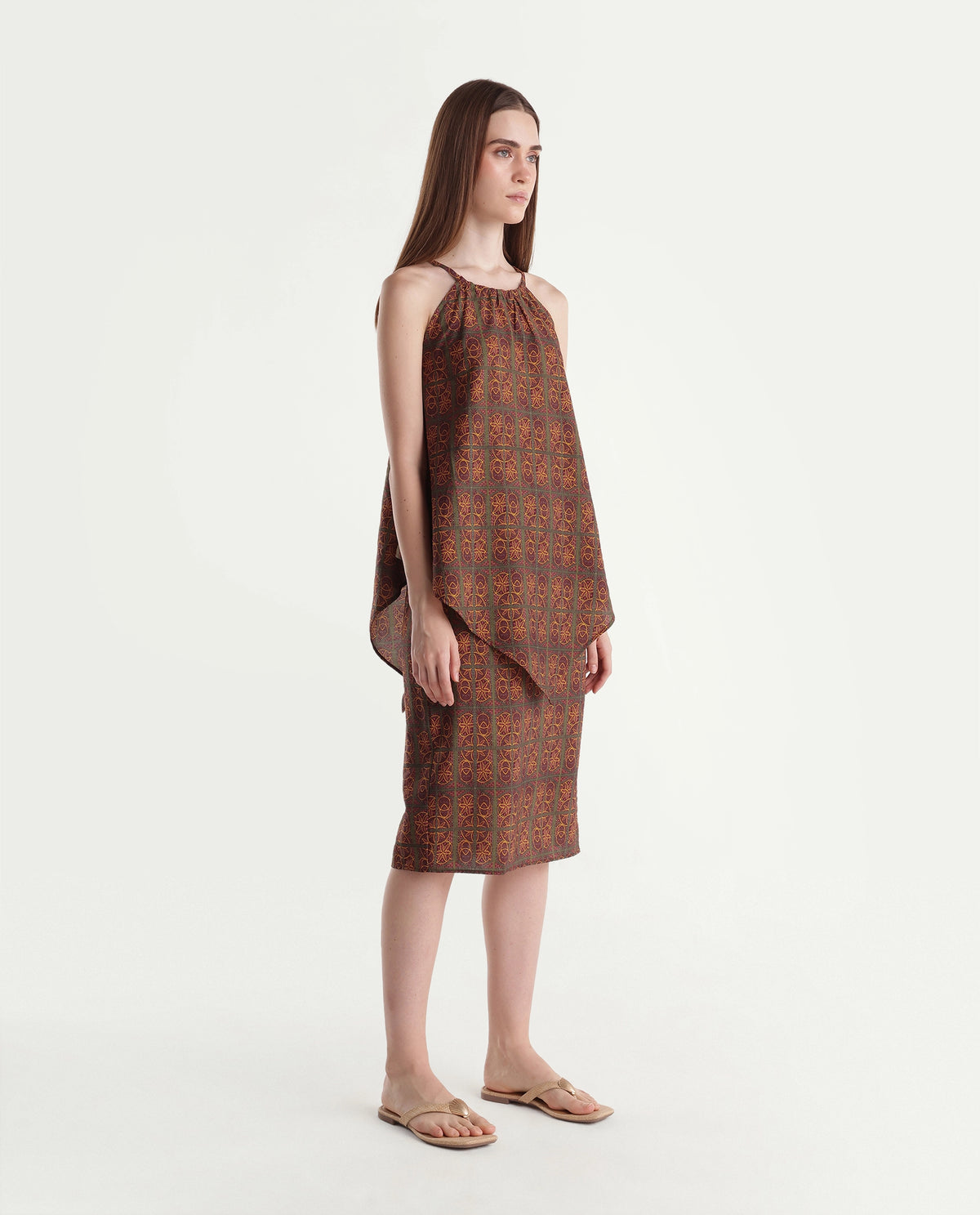 Rareism Womens Onfojo Mustard Viscose Blend Straight Ornamental Print Skirt