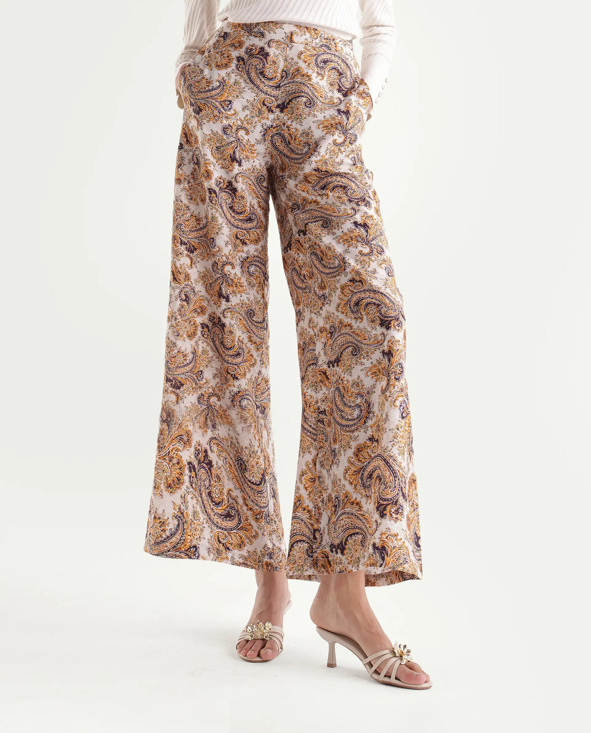 Rareism Womens Onfab-B Off White Viscose Blend Wide Leg Paisley Print Trouser