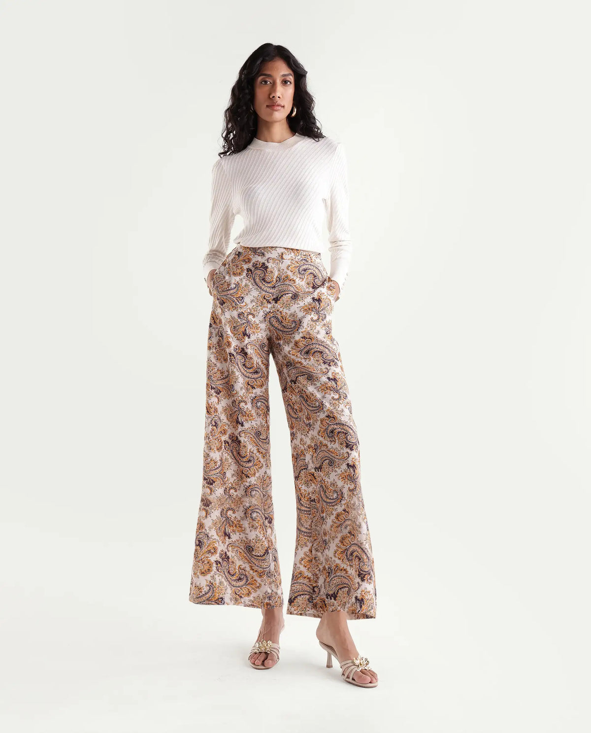 Rareism Womens Onfab-B Off White Viscose Blend Wide Leg Paisley Print Trouser