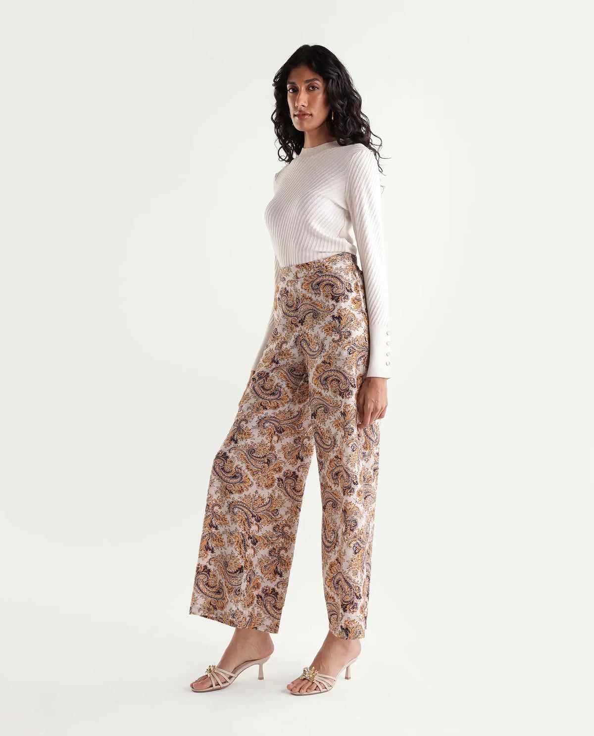 Rareism Womens Onfab-B Off White Viscose Blend Wide Leg Paisley Print Trouser