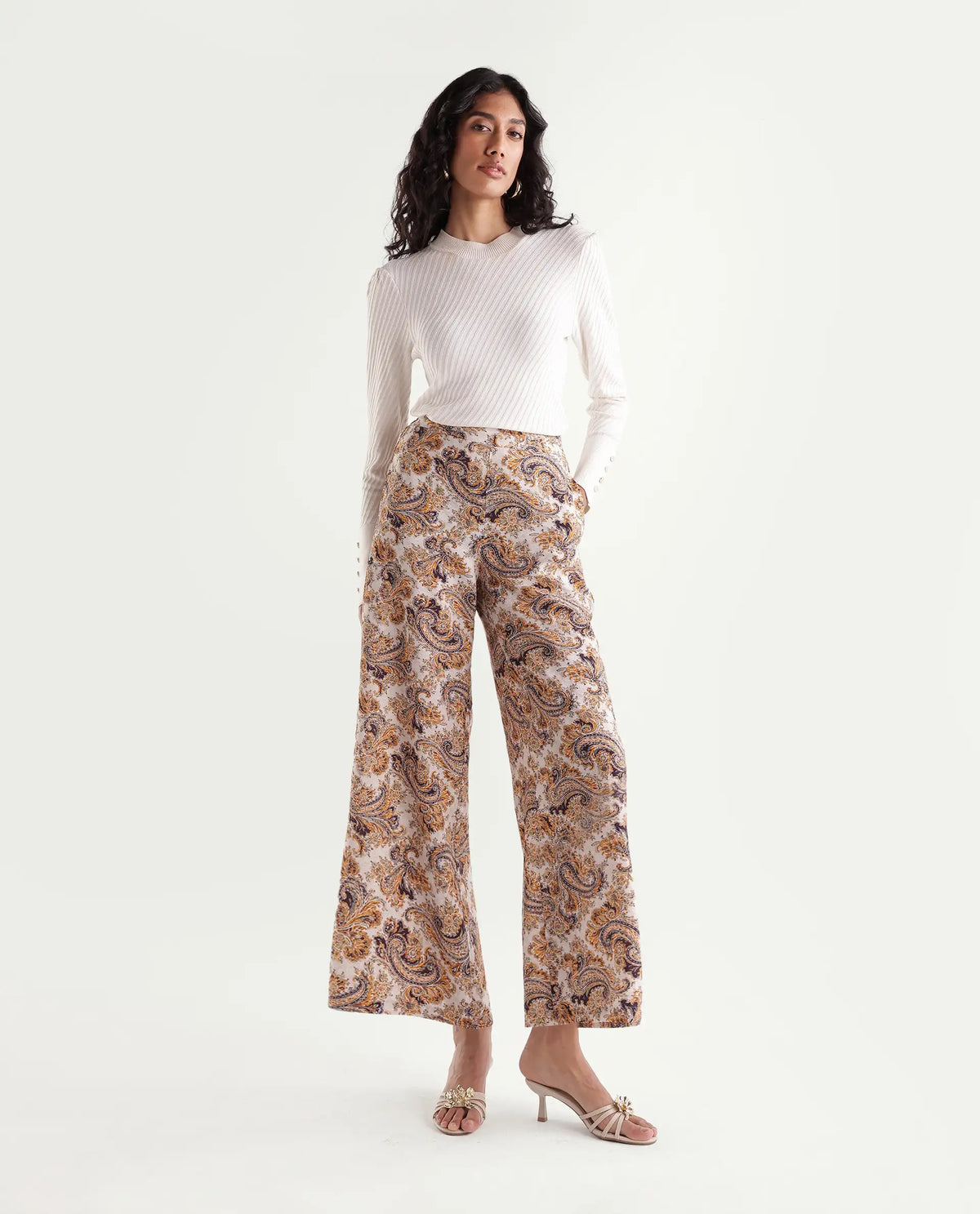 Rareism Womens Onfab-B Off White Viscose Blend Wide Leg Paisley Print Trouser
