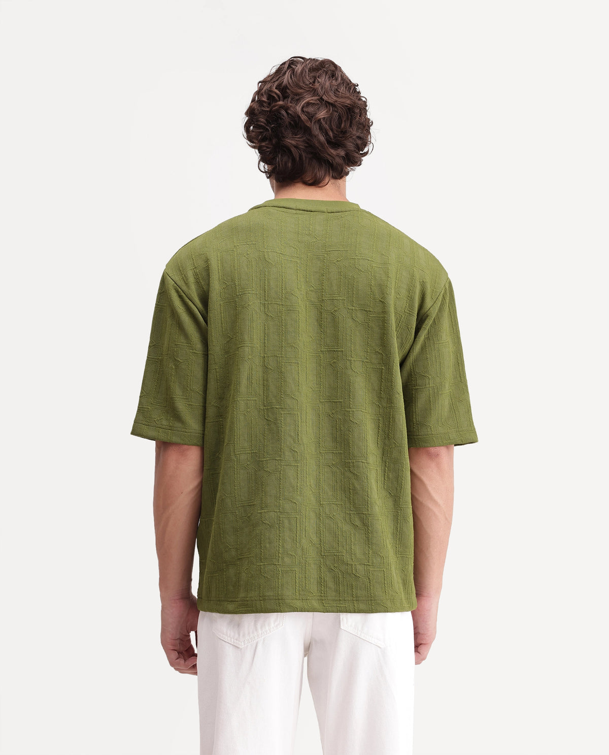 Rare Rabbit Mens Corin Olive Cotton Blend Crew Neck Regular Textured T-Shirt