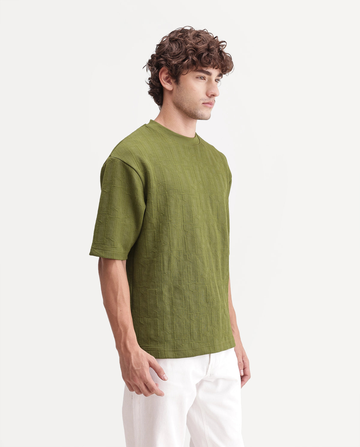 Rare Rabbit Mens Corin Olive Cotton Blend Crew Neck Regular Textured T-Shirt