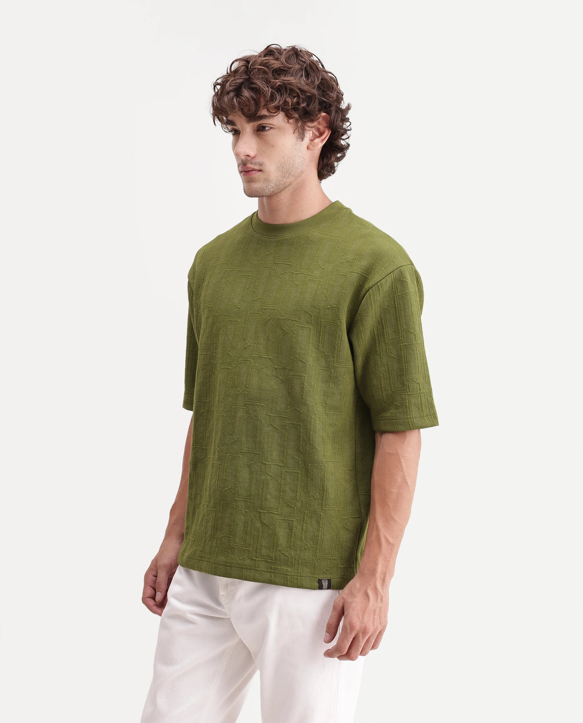 Rare Rabbit Mens Corin Olive Cotton Blend Crew Neck Regular Textured T-Shirt