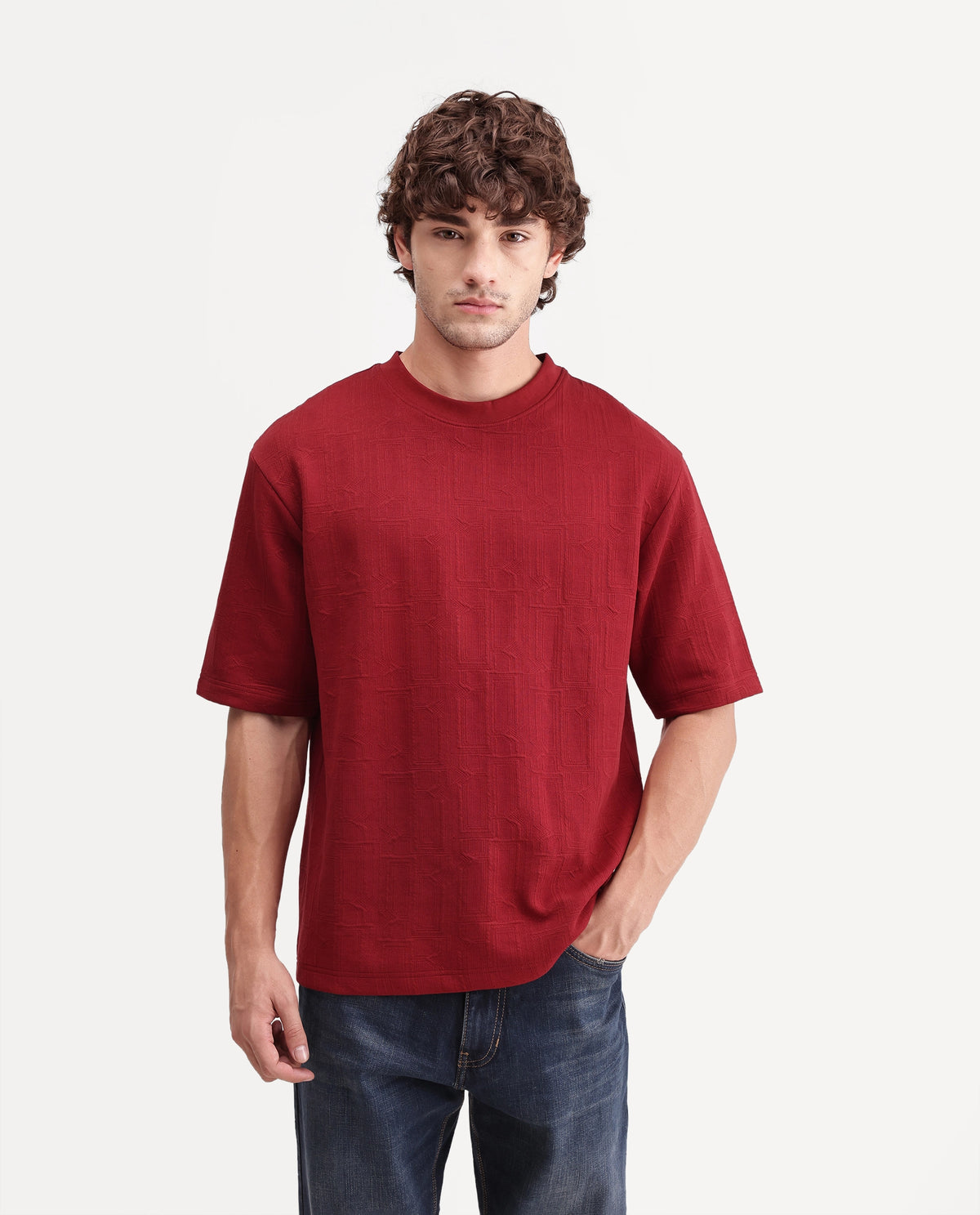 Rare Rabbit Mens Corin Dark Red Cotton Blend Crew Neck Regular Textured T-Shirt