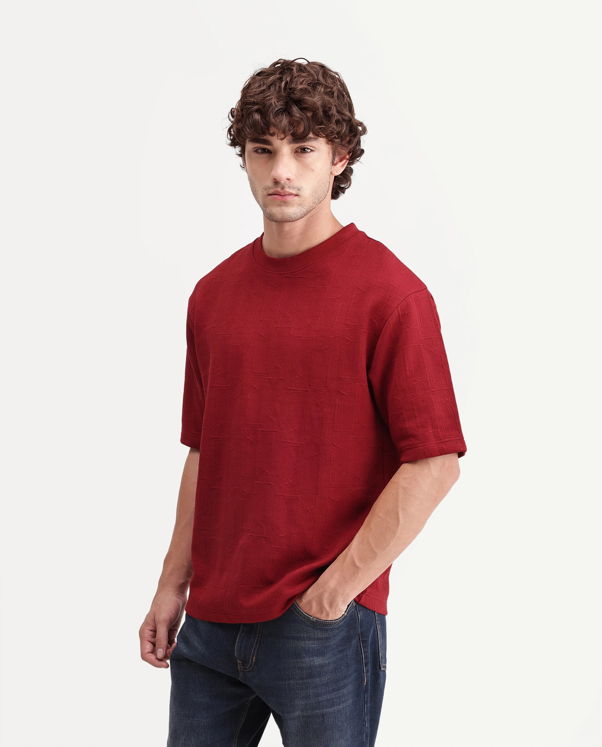 Rare Rabbit Mens Corin Dark Red Cotton Blend Crew Neck Regular Textured T-Shirt