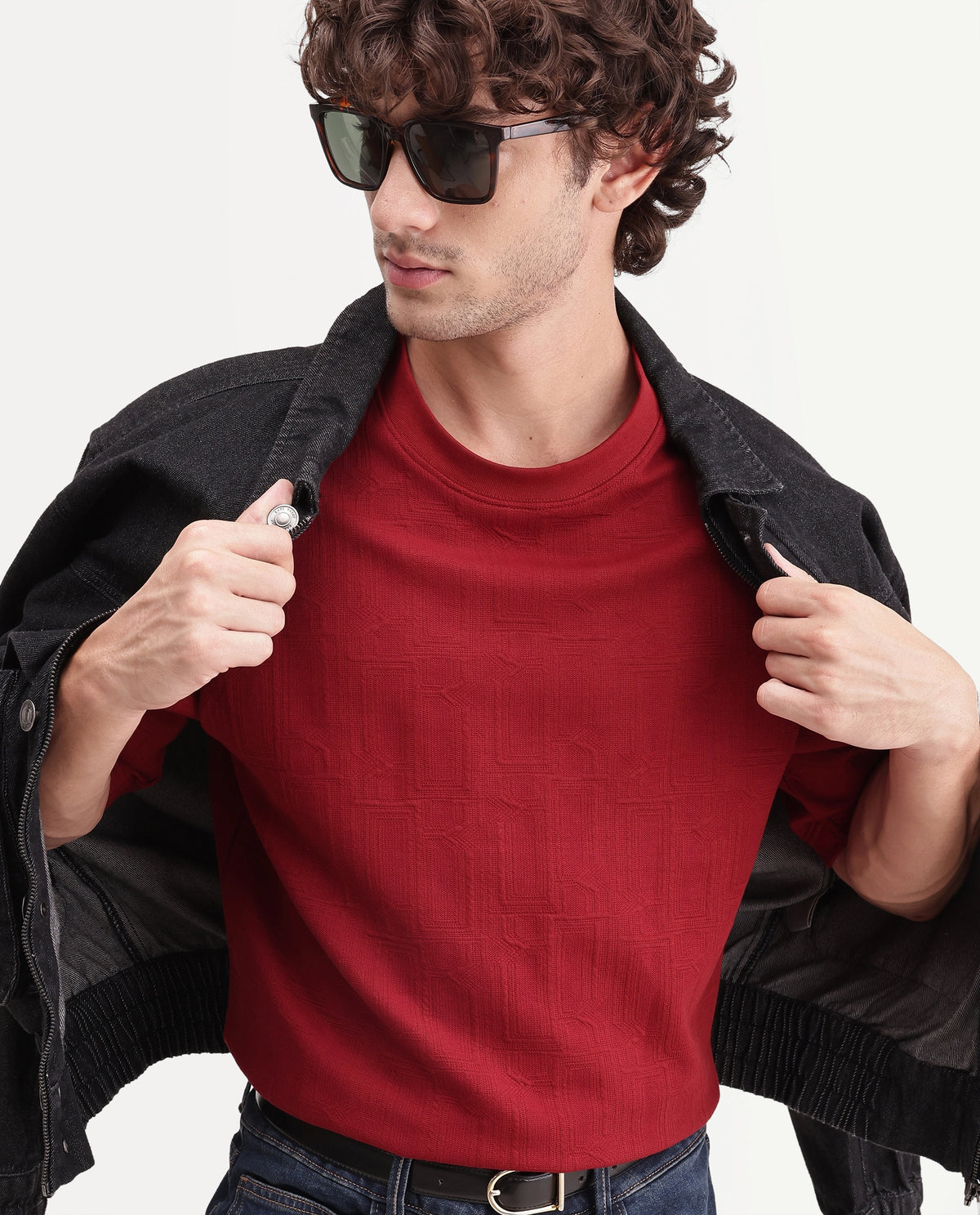 Rare Rabbit Mens Corin Dark Red Cotton Blend Crew Neck Regular Textured T-Shirt