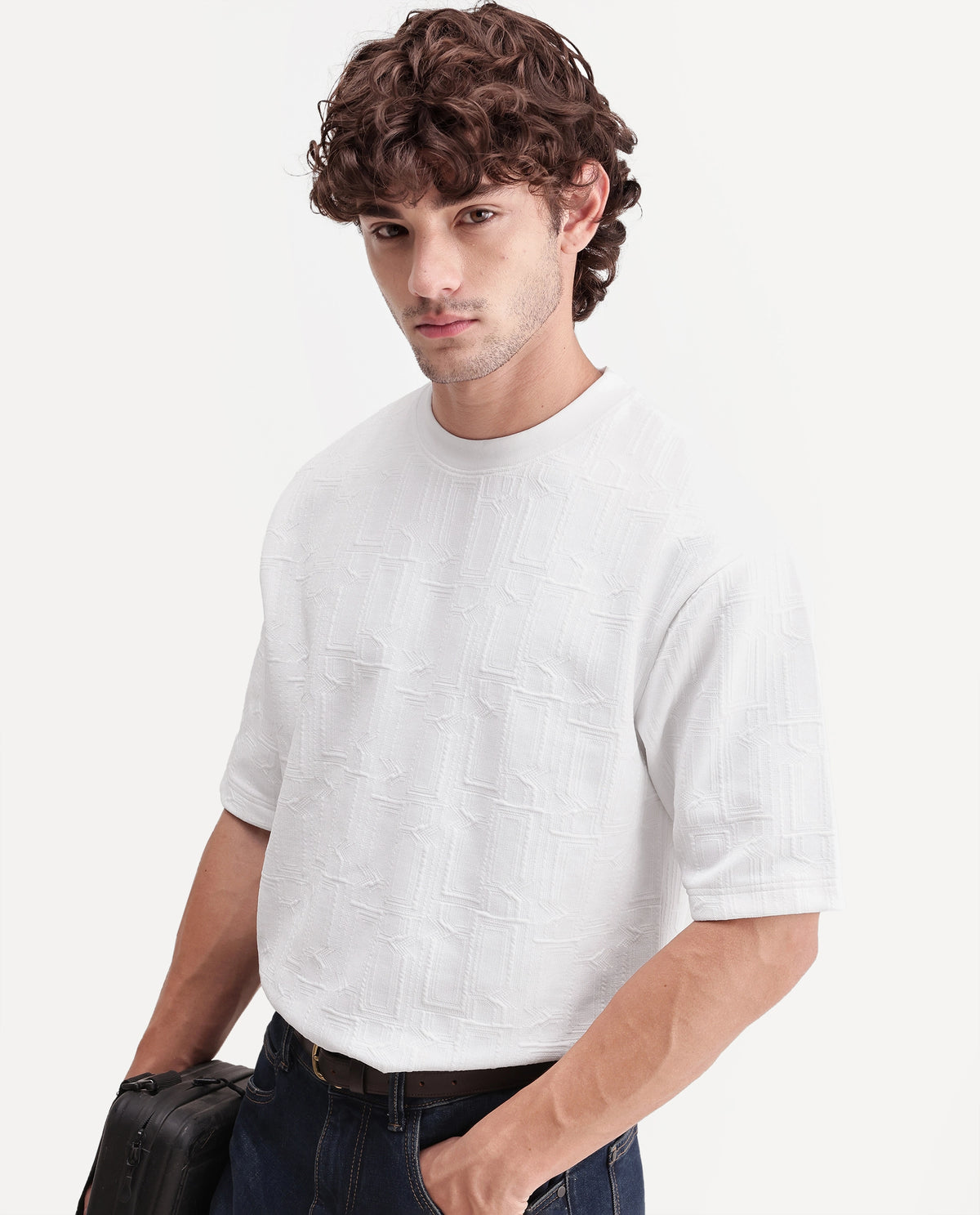 Rare Rabbit Mens Corin White Cotton Blend Crew Neck Regular Textured T-Shirt