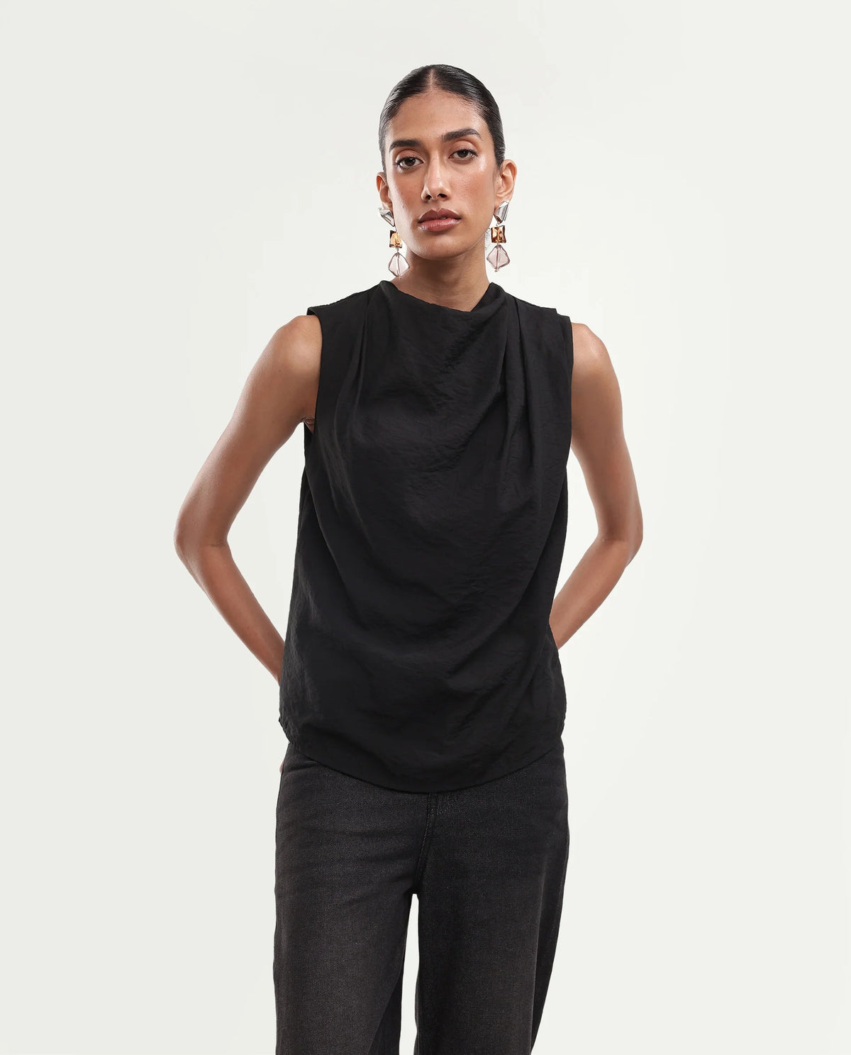 Rareism Womens Onjowl Black Viscose Blend Cowl Neck Swing Plain Top