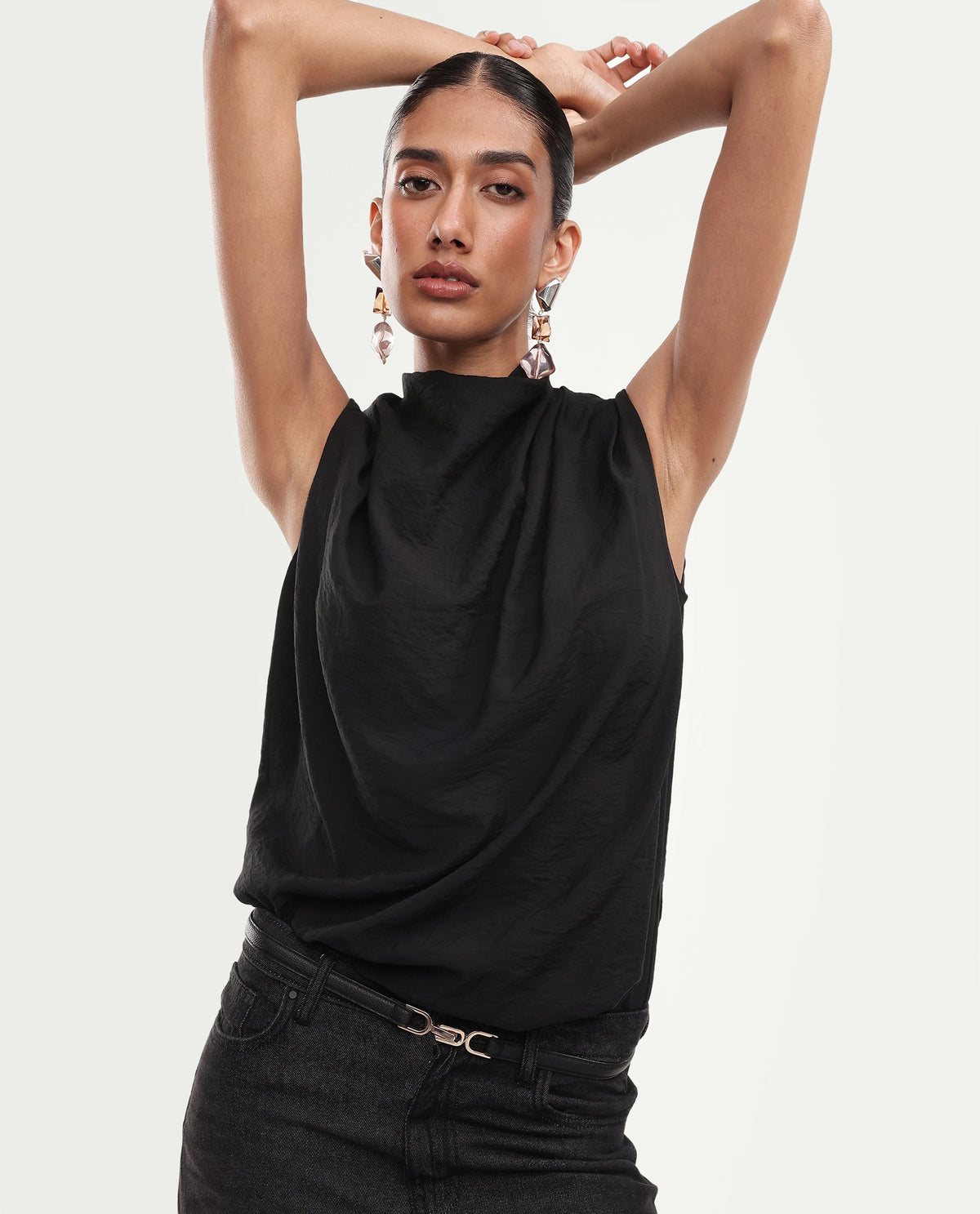 Rareism Womens Onjowl Black Viscose Blend Cowl Neck Swing Plain Top