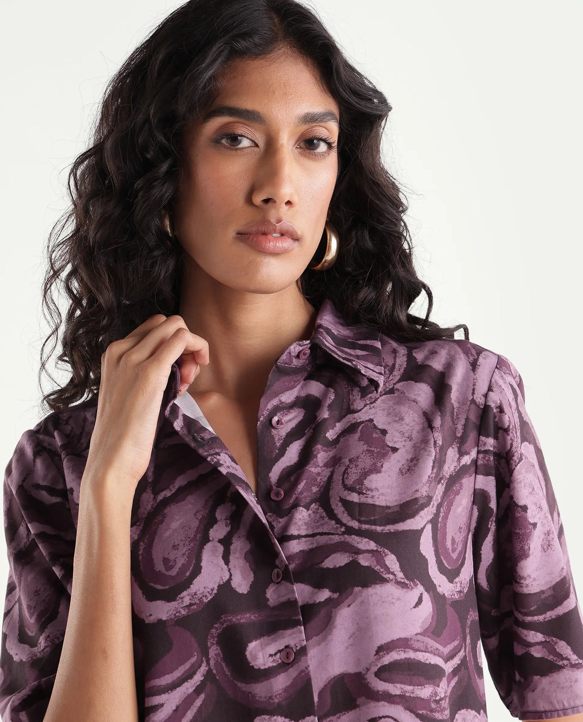 Rareism Womens Hack Dark Purple Viscose Spread Collar Regular Abstract Print Shirt