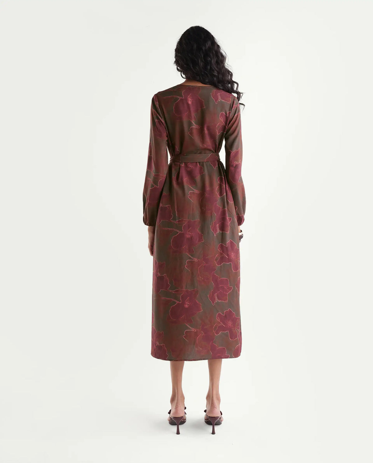Rareism Womens Huke Dark Olive Viscose Tie-Up A-Line Abstract Print Dress